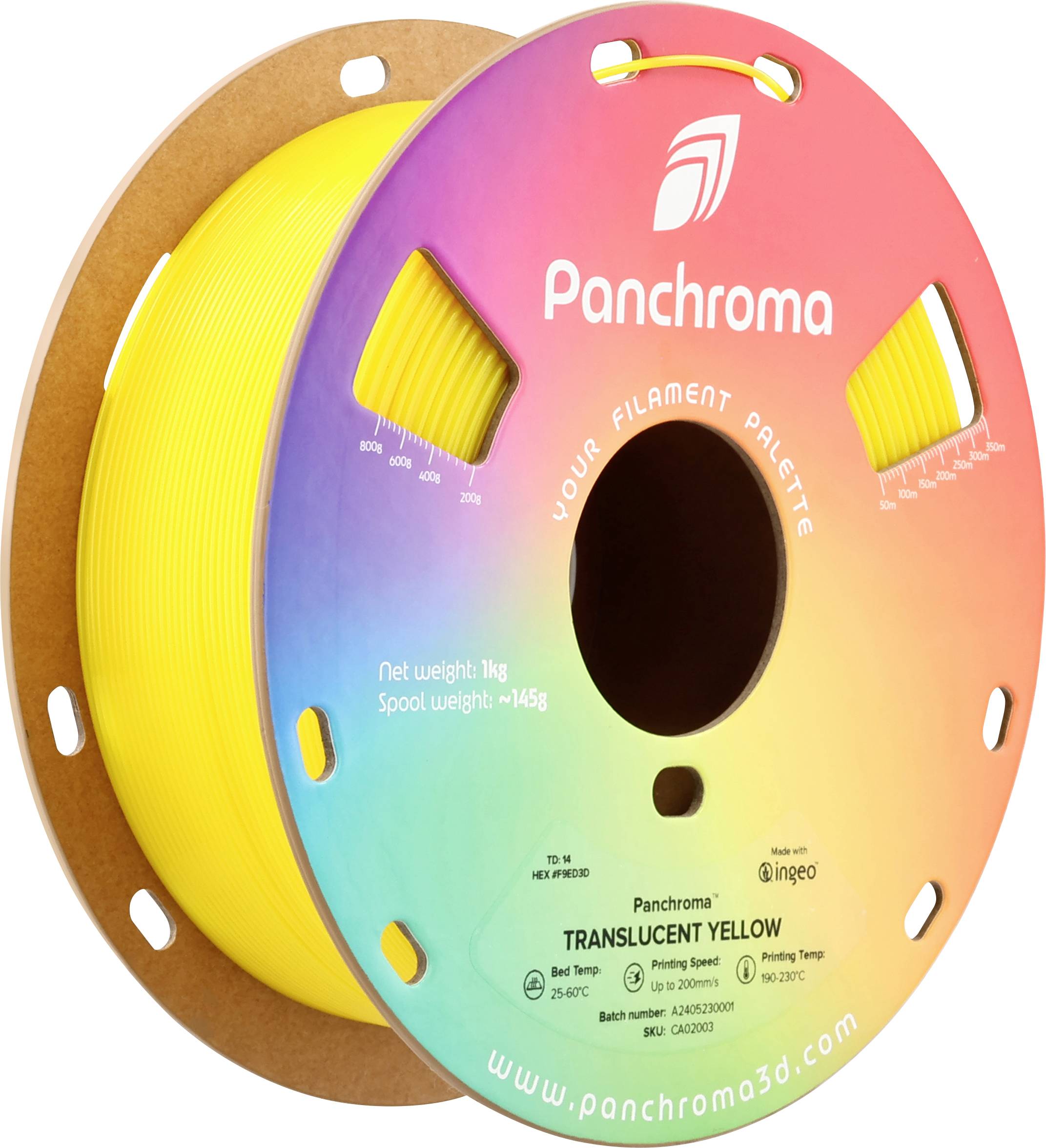 3D printing filament in luminous yellow on a spool, with the inscription 'Panchroma Translucent Yellow'.