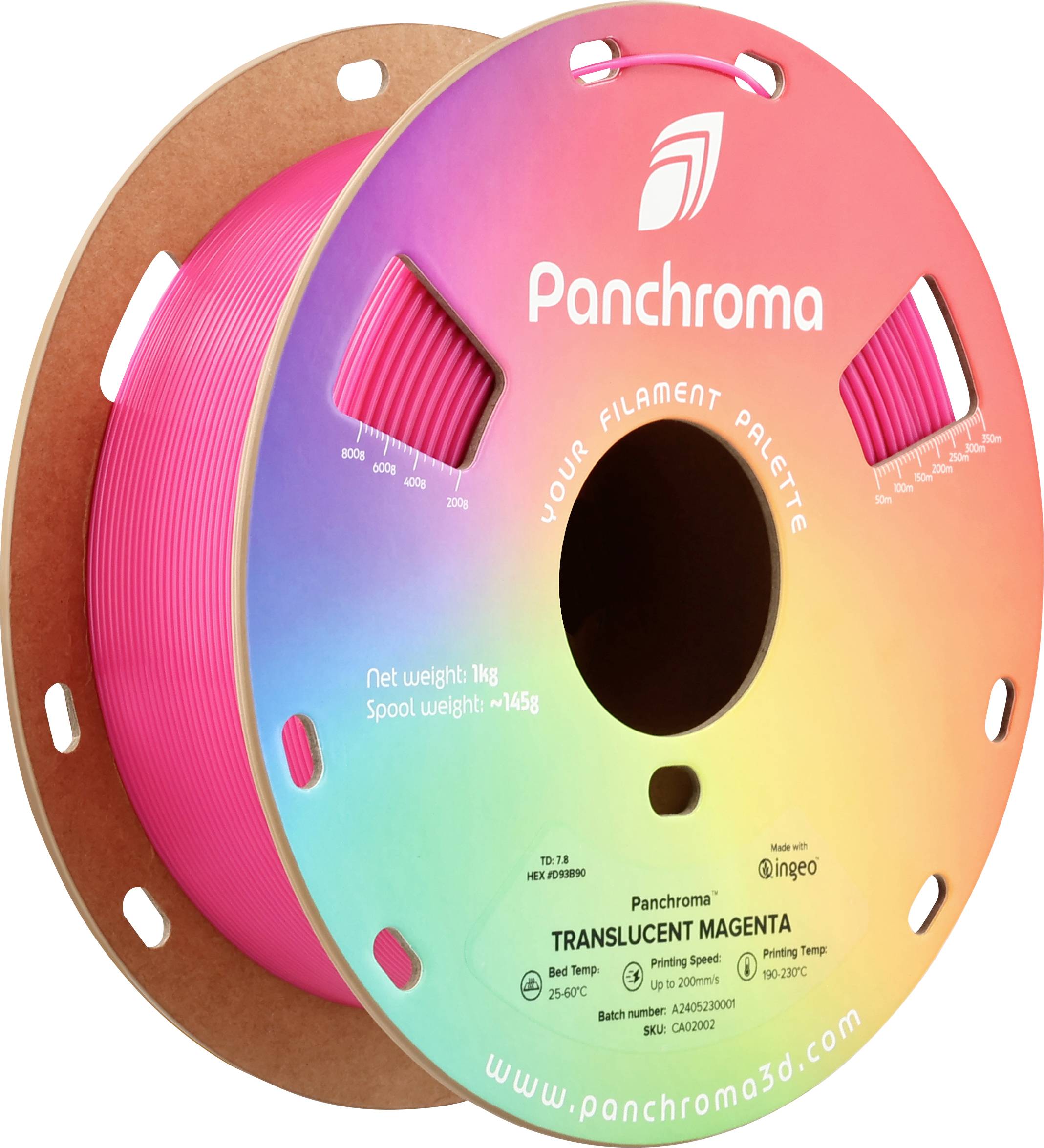 A roll of 3D printer filament in 'Translucent Magenta' from Panchroma. Net weight 1 kg, eye-catching rainbow packaging.