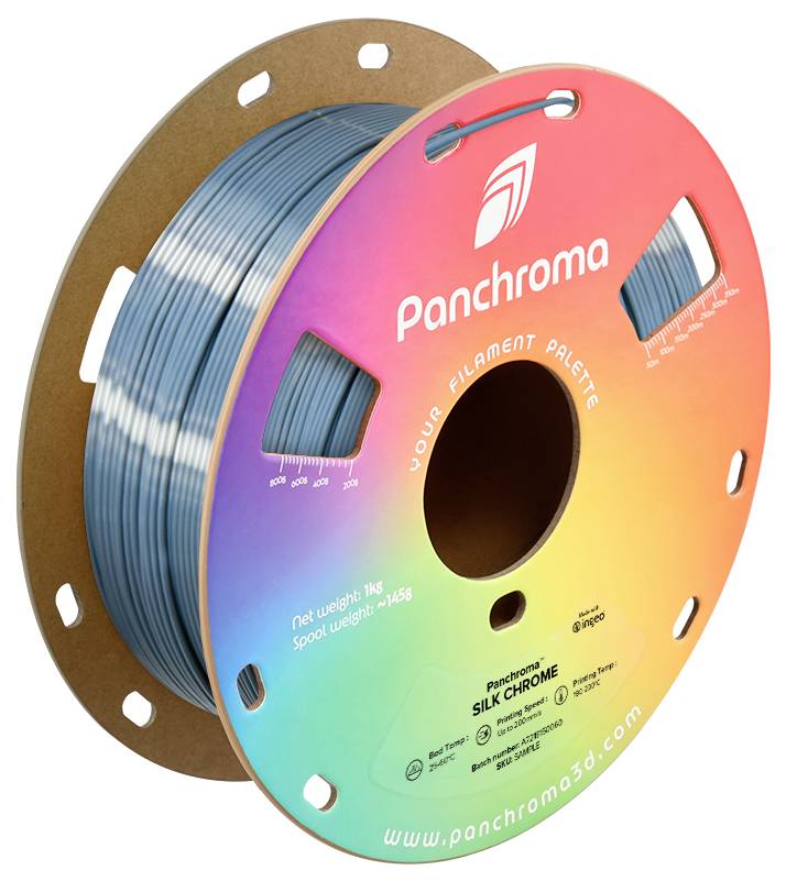 Spool of blue 3D printer filament, brand 'Panchroma'. The packaging shows a color spectrum design and bears the text 'Silk Chrome'.