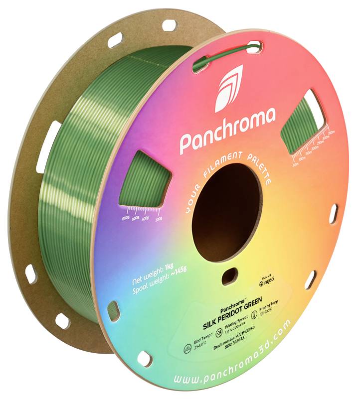 A spool of green 3D printer filament from Panchroma. The color is called 'Silk Peridot Green'.
