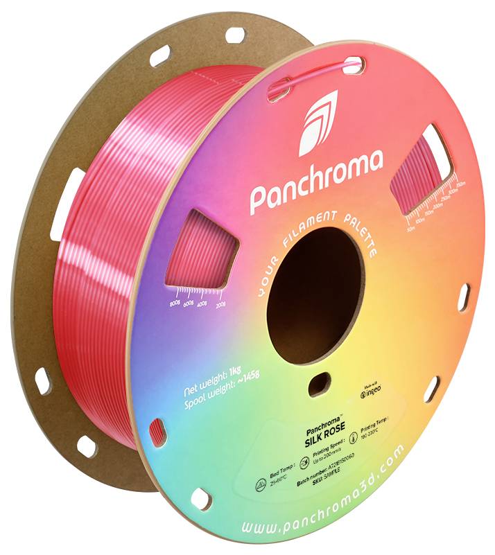 Spool with red 3D printer filament, brand name 'Panchroma Silk Rose'. Gradient color label shows rainbow design with product details.