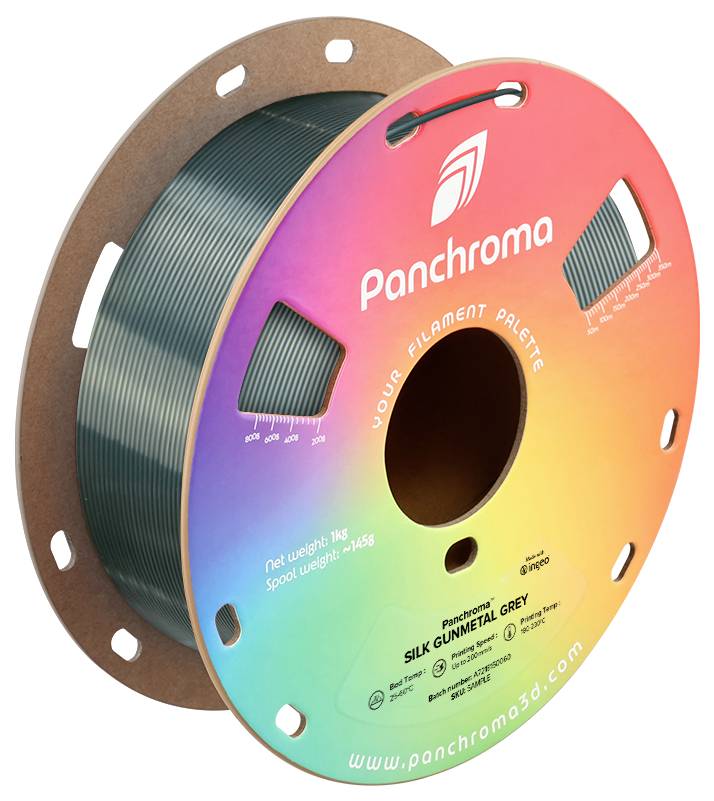 Spool 3D printing filament from Panchroma in 'Silk Gunmetal Grey'. Spool weight: 1.45 kg. Rainbow-colored packaging.