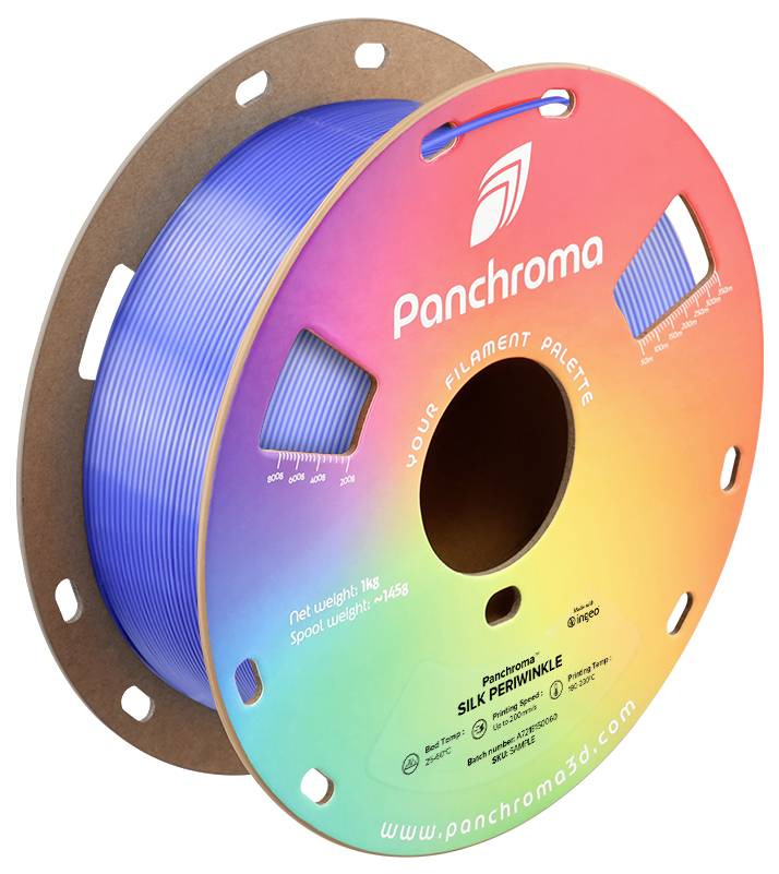 The image shows a spool of blue 3D printer filament from Panchroma. The packaging has a rainbow color pattern.