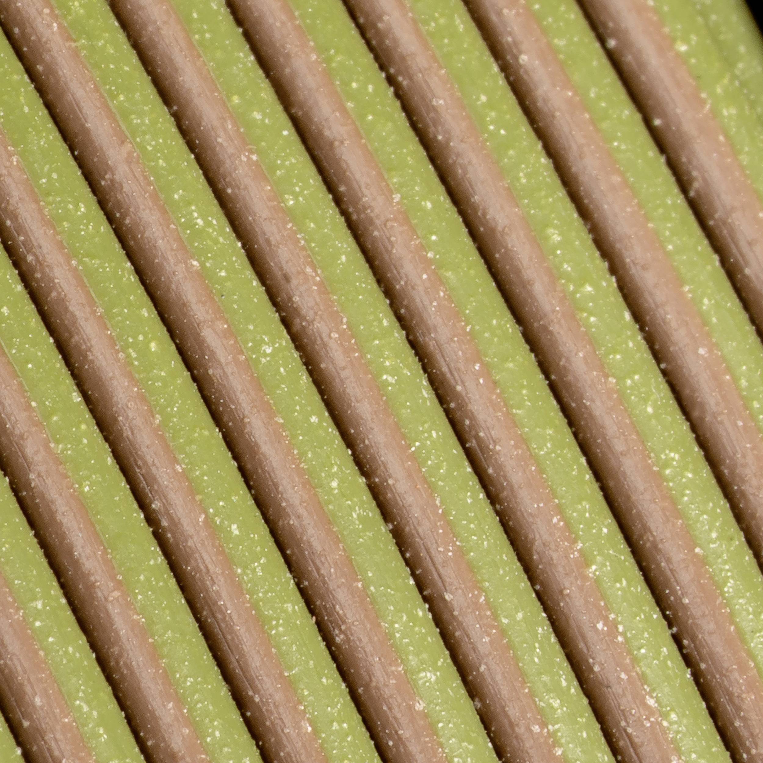 Close-up of diagonally running, parallel arranged, brown ribs on a green surface.