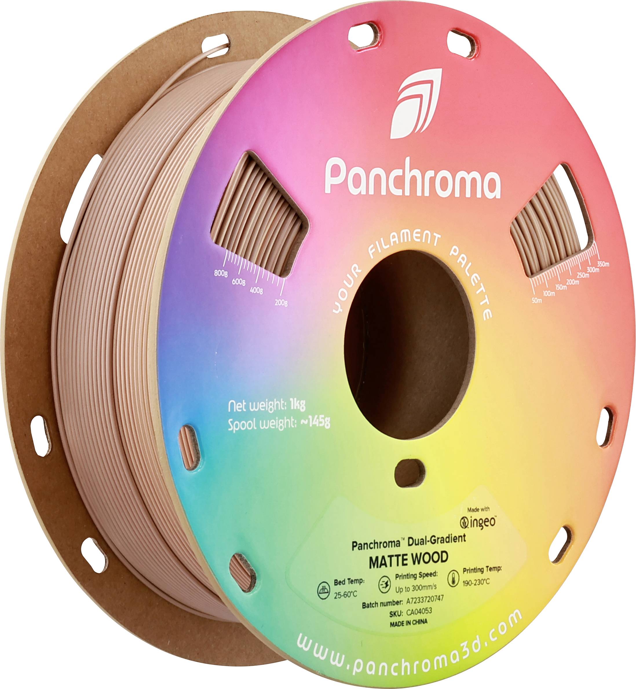 A spool of 3D printer filament labeled 'Panchroma Matte Wood', weight 1kg. Packaging is colorfully designed.