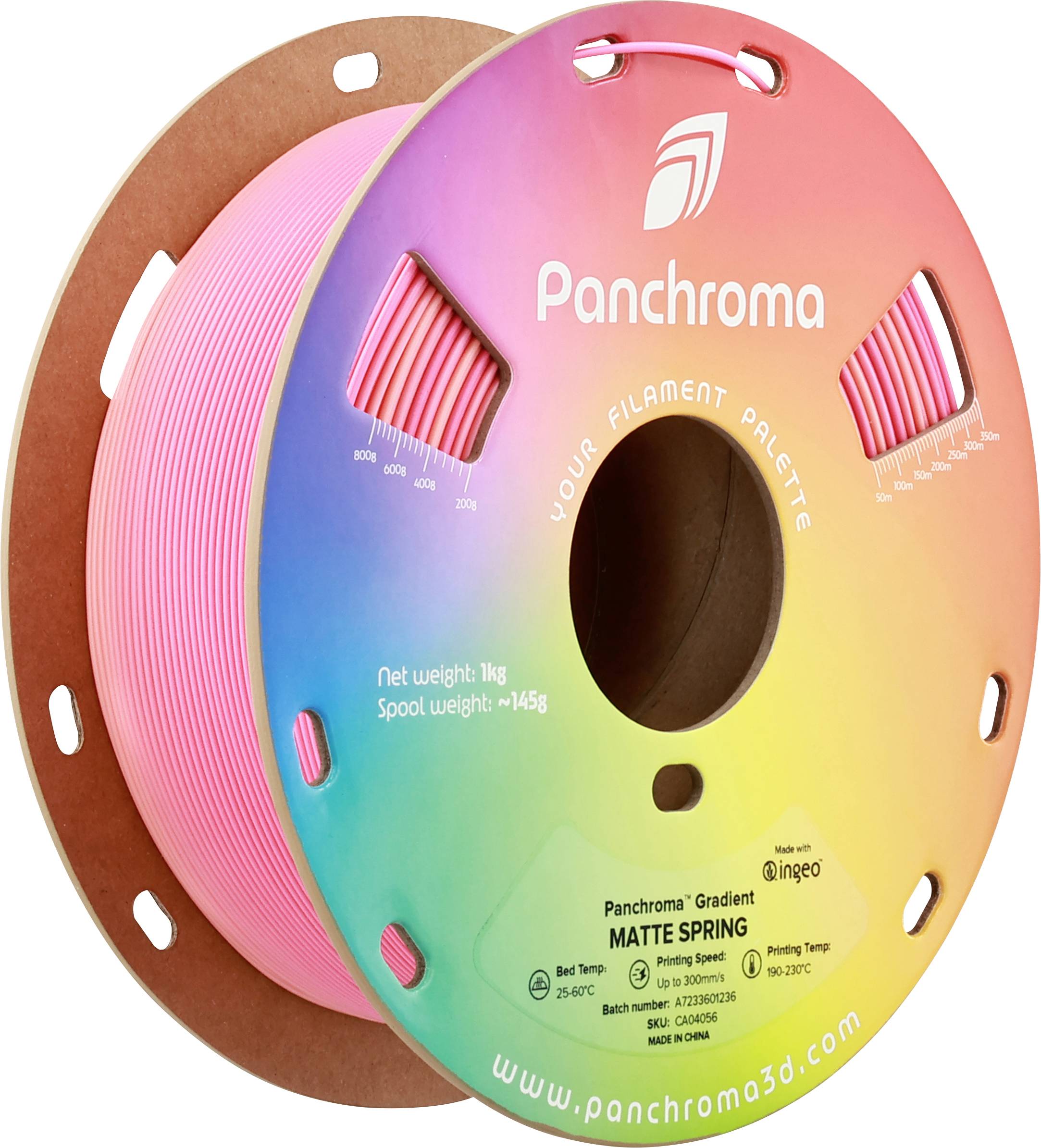'Panchroma' 3D printing filament spool in rainbow-colored design with 'Matte Spring' label. Weight: 1 kg. Spool weight: 145 g.