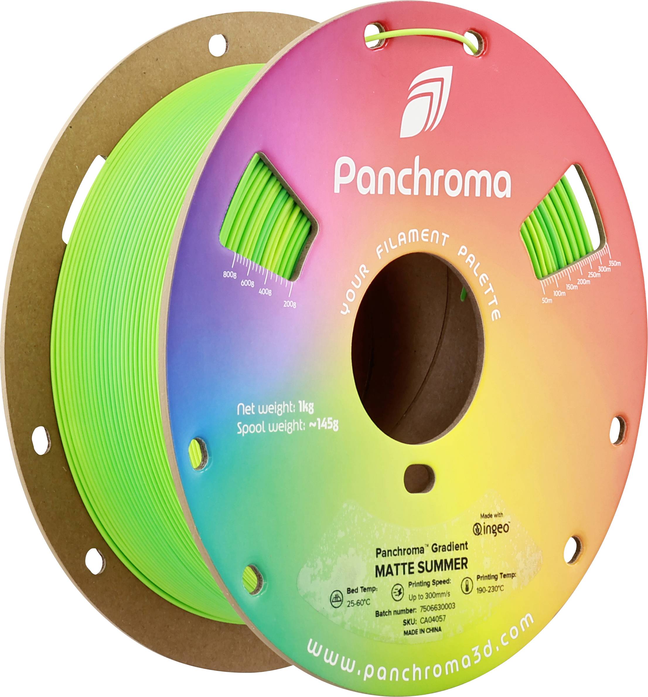 3D printer filament spool 'Panchroma' in luminous green on a cardboard dispenser. Weight: 1 kg, Type: Matte Summer.