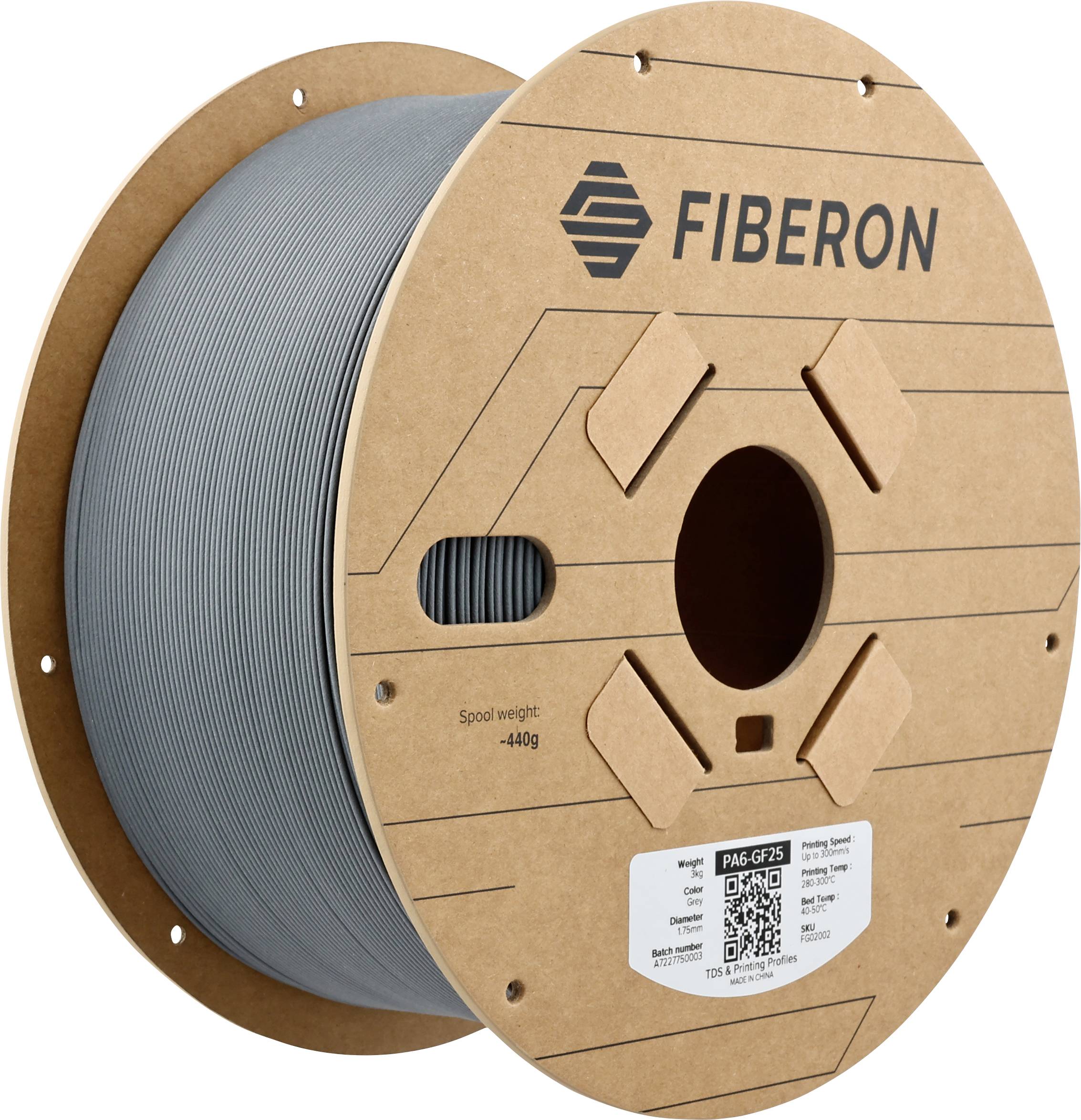 A roll of gray 3D printer filament from the Fiberon brand. The spool shows the brand logo and weight specifications: 400g.