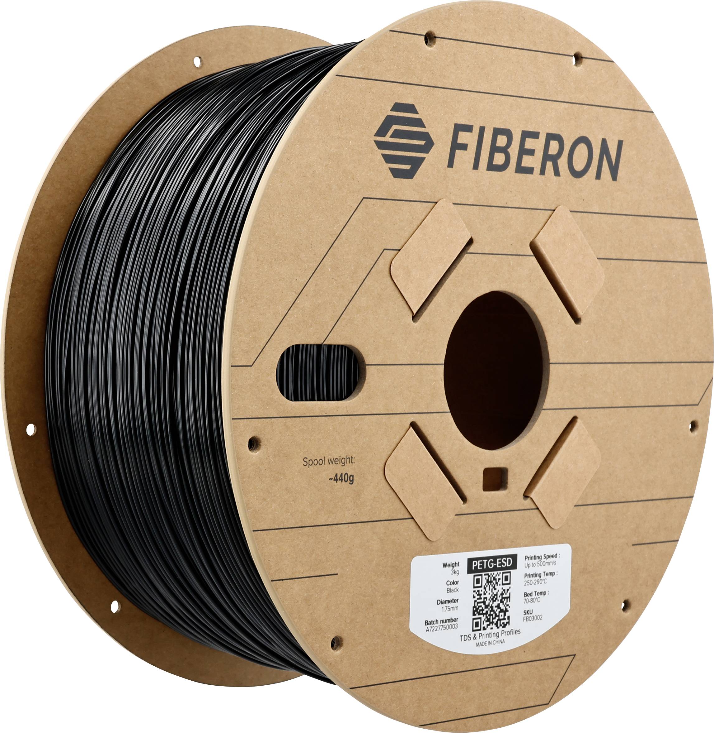 A spool of black PETG 3D printing filament, labeled 'FIBERON', spool weight 440g.