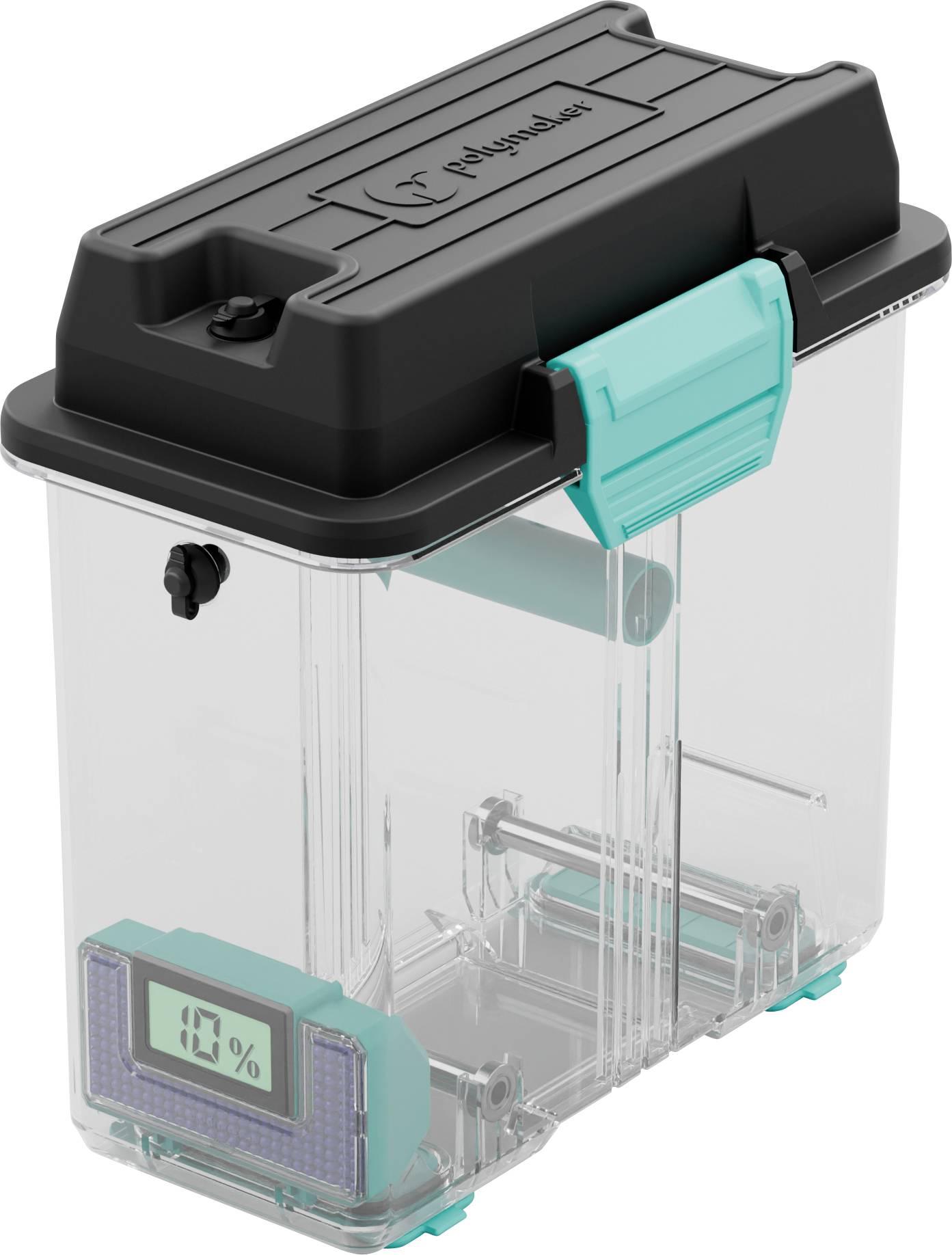 Plastic container with transparent housing, black lid and turquoise accents. A digital display shows '10%'.