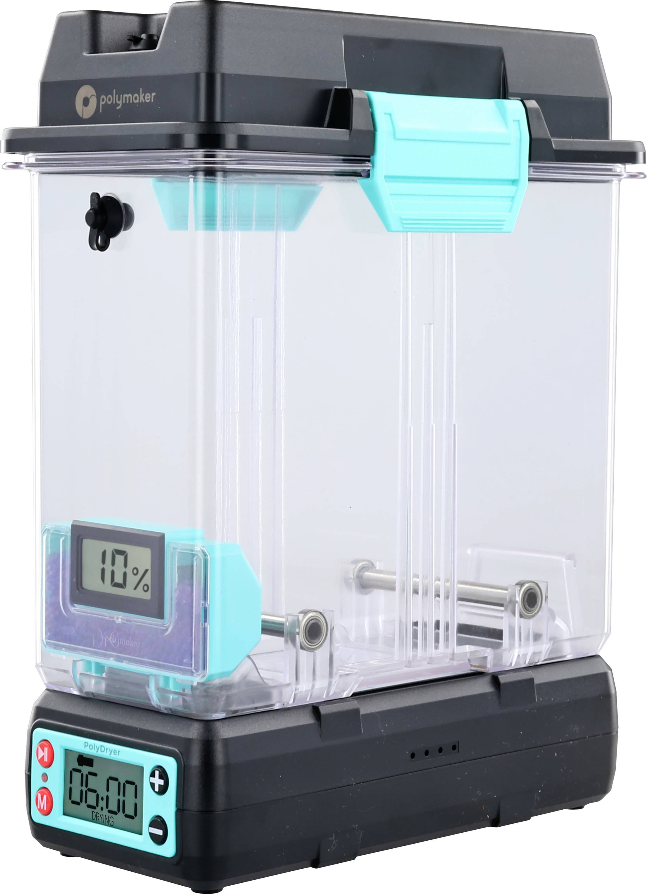 A transparent container with digital display shows 10%. The container has turquoise details and is made of plastic.