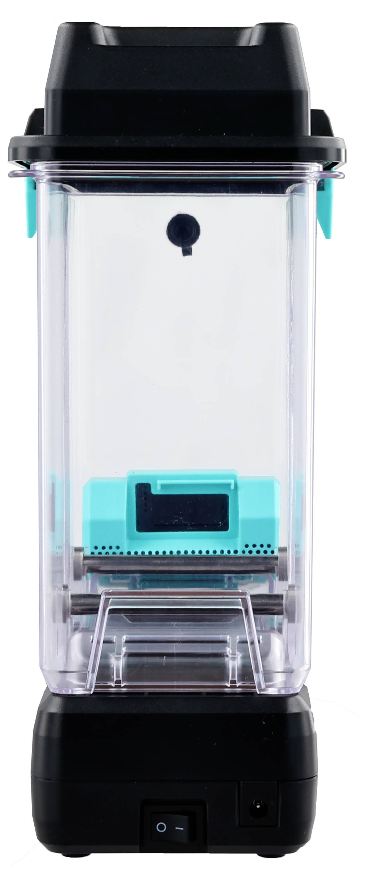 A transparent, rectangular container with a black lid and base, contains a turquoise compartment inside.
