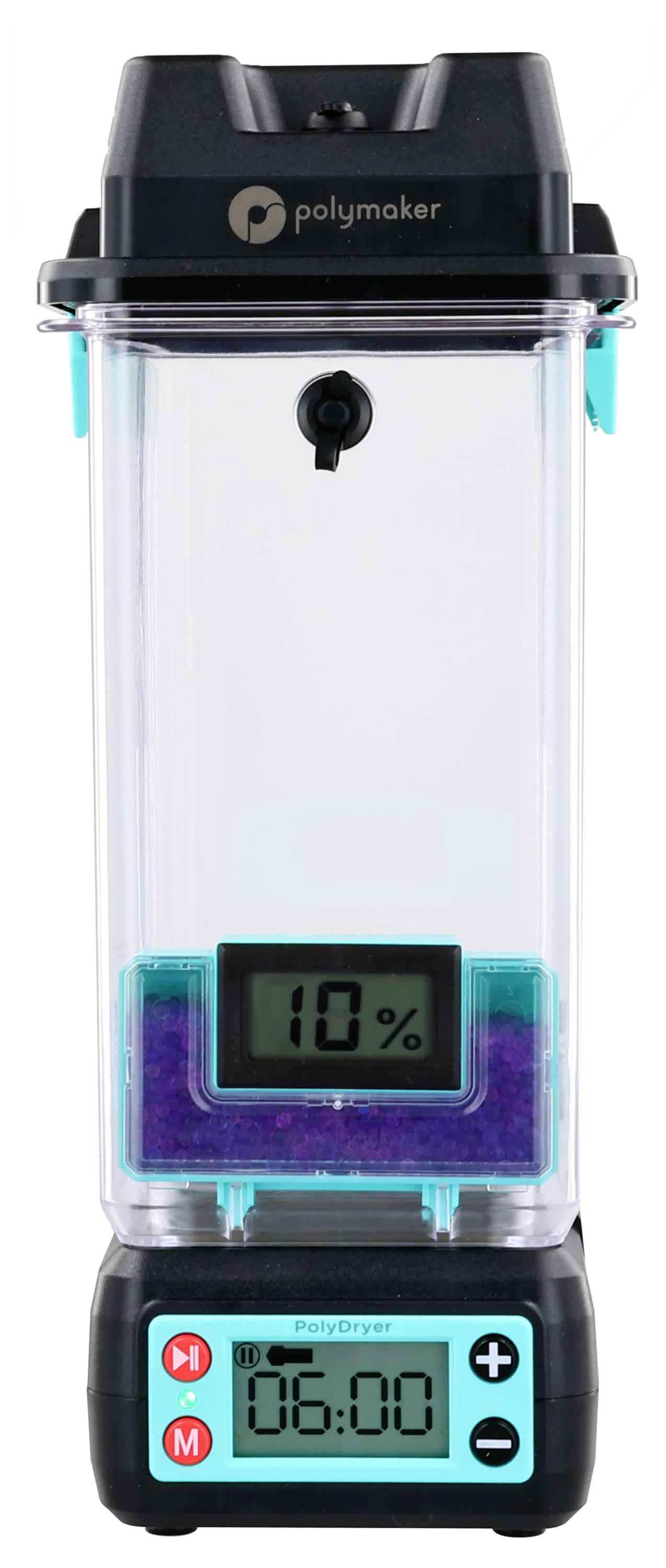 A transparent container with a digital display showing '10%'. Below it, another display with a timer at '06:00'.