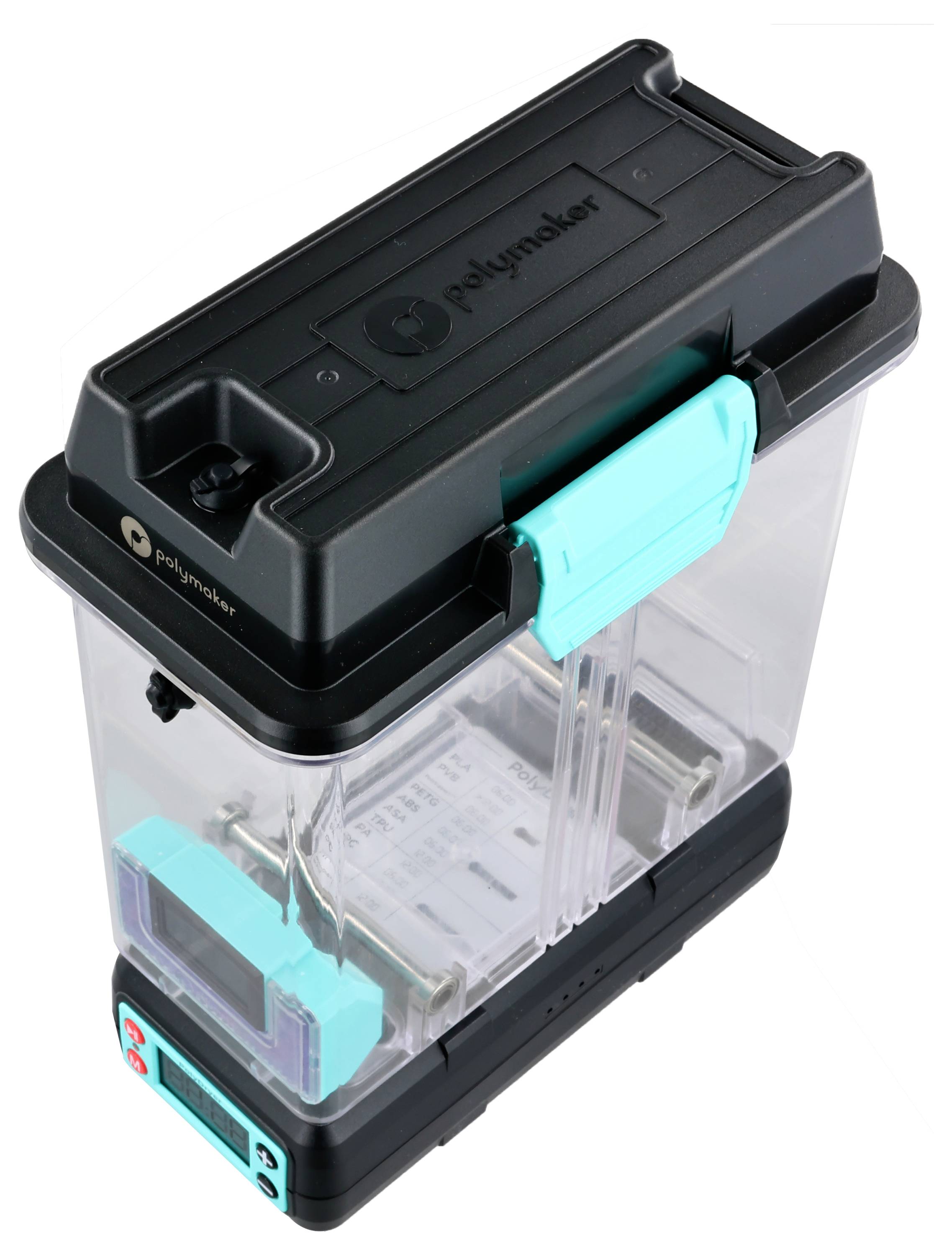 A transparent plastic container with black and turquoise lid, suitable for storing 3D printing filaments.