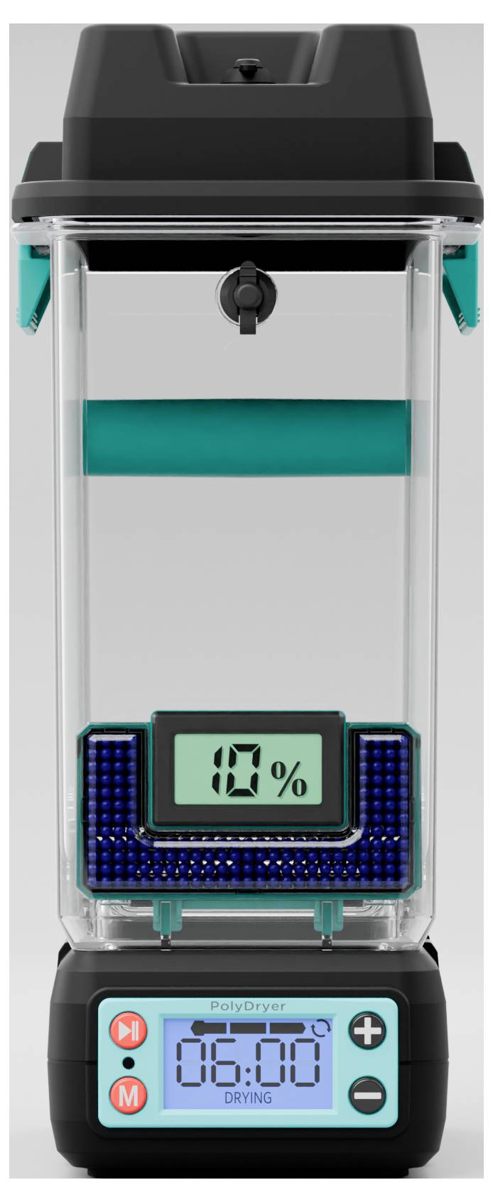 Vacuum storage container with digital display. Shows 10% humidity and 6:00 remaining time. Ideal for storage.