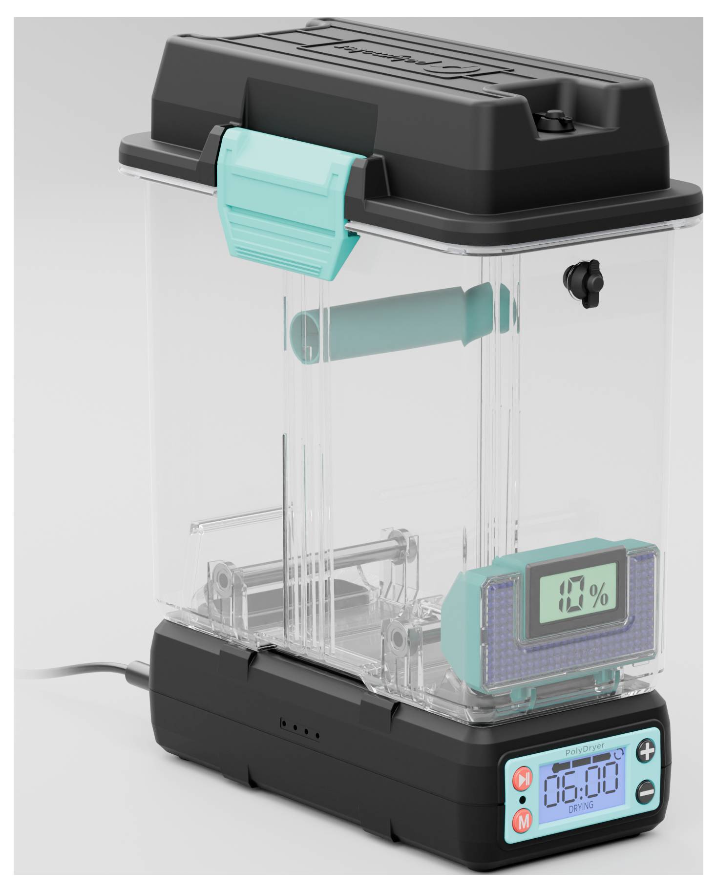 A black and transparent sealing container with digital display shows '06:00' and a progress of '10%'.