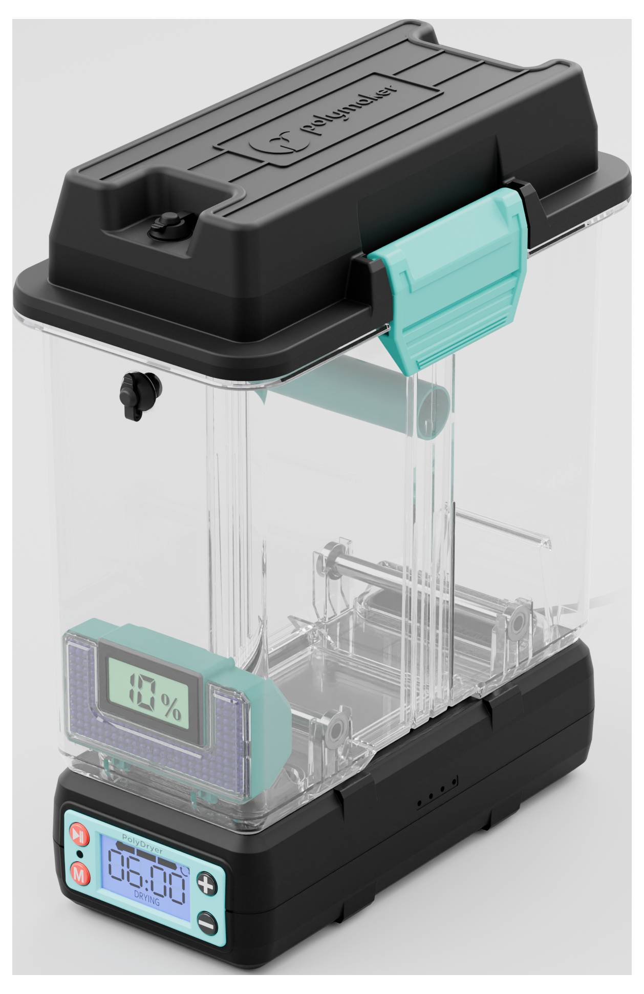 A transparent container with digital displays shows '10%' and '00:00'. Black and turquoise components are located at the top and bottom.