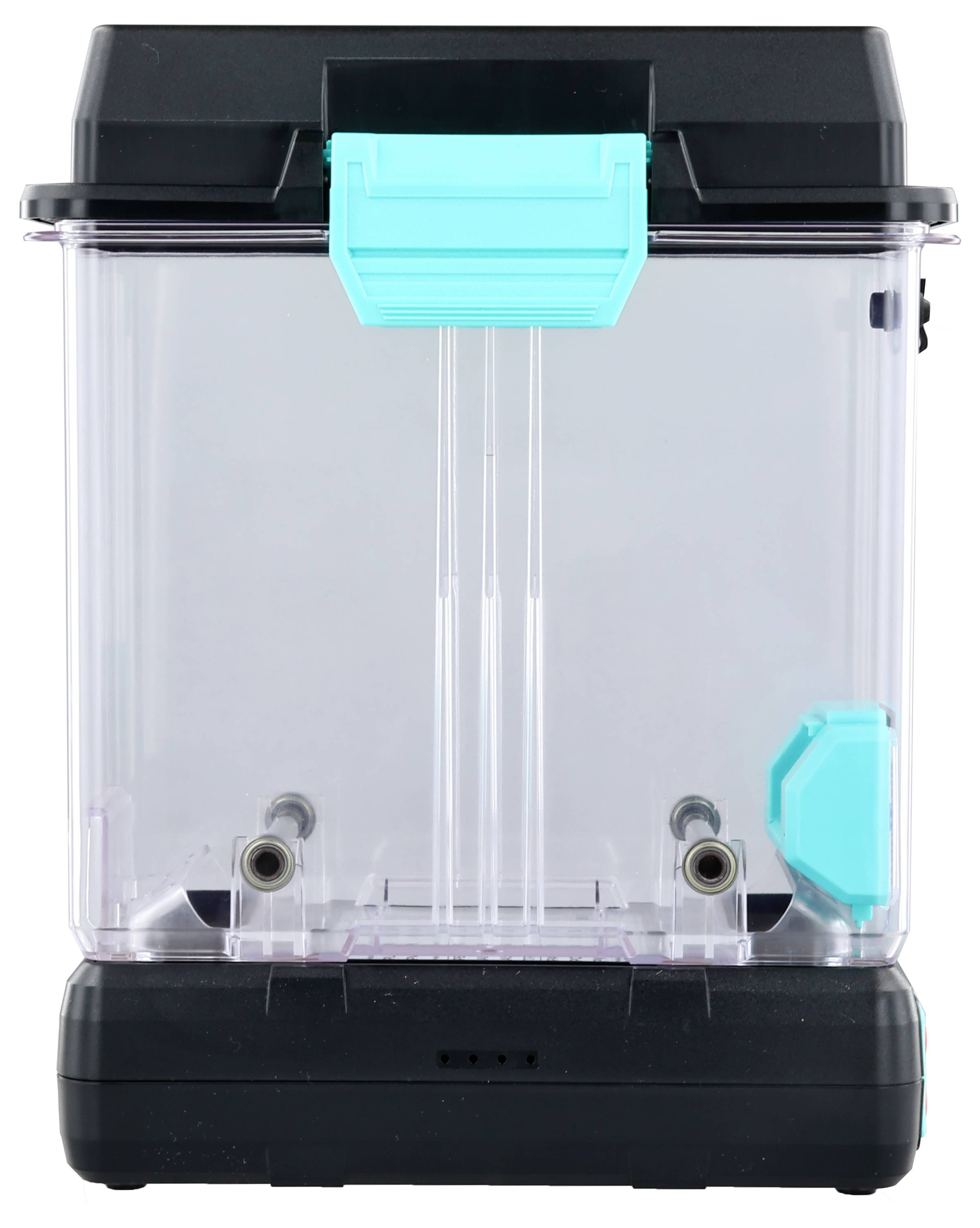 A transparent plastic container with a black lid and turquoise details, suitable for liquid or filter material.