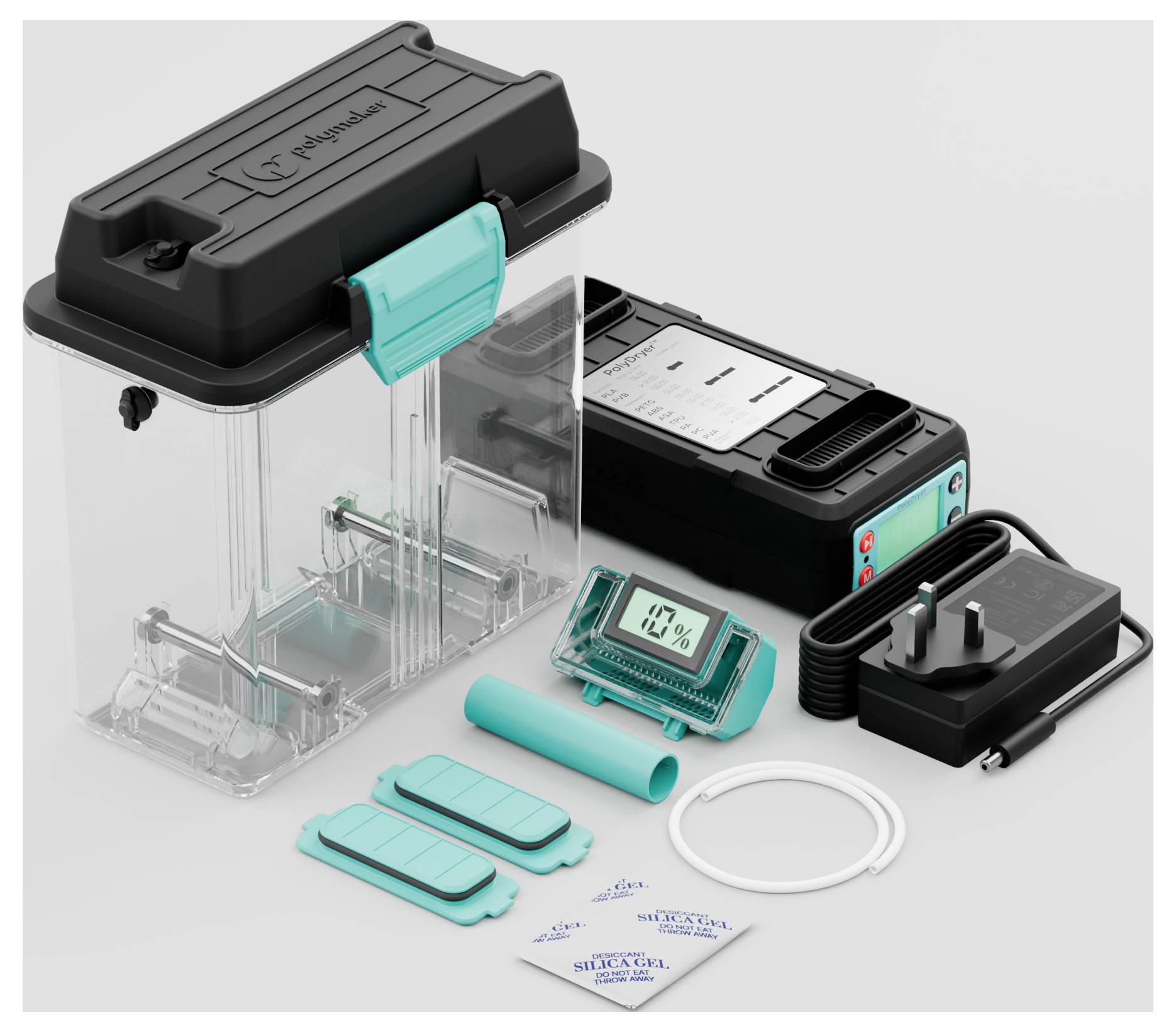 A portable, transparent laboratory device with digital display, charger, cables and accessories, presented on a white background.