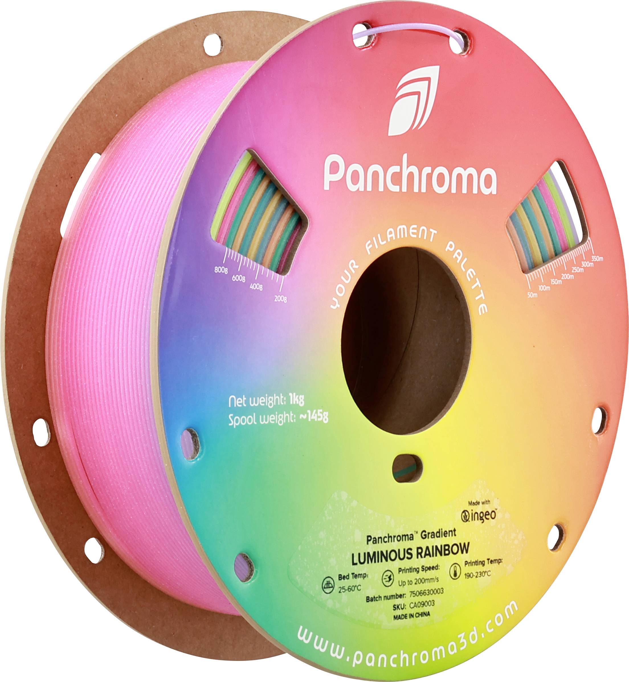 Spool with 3D printer filament in rainbow colors, brand name 'Panchroma', weight 1 kg.
