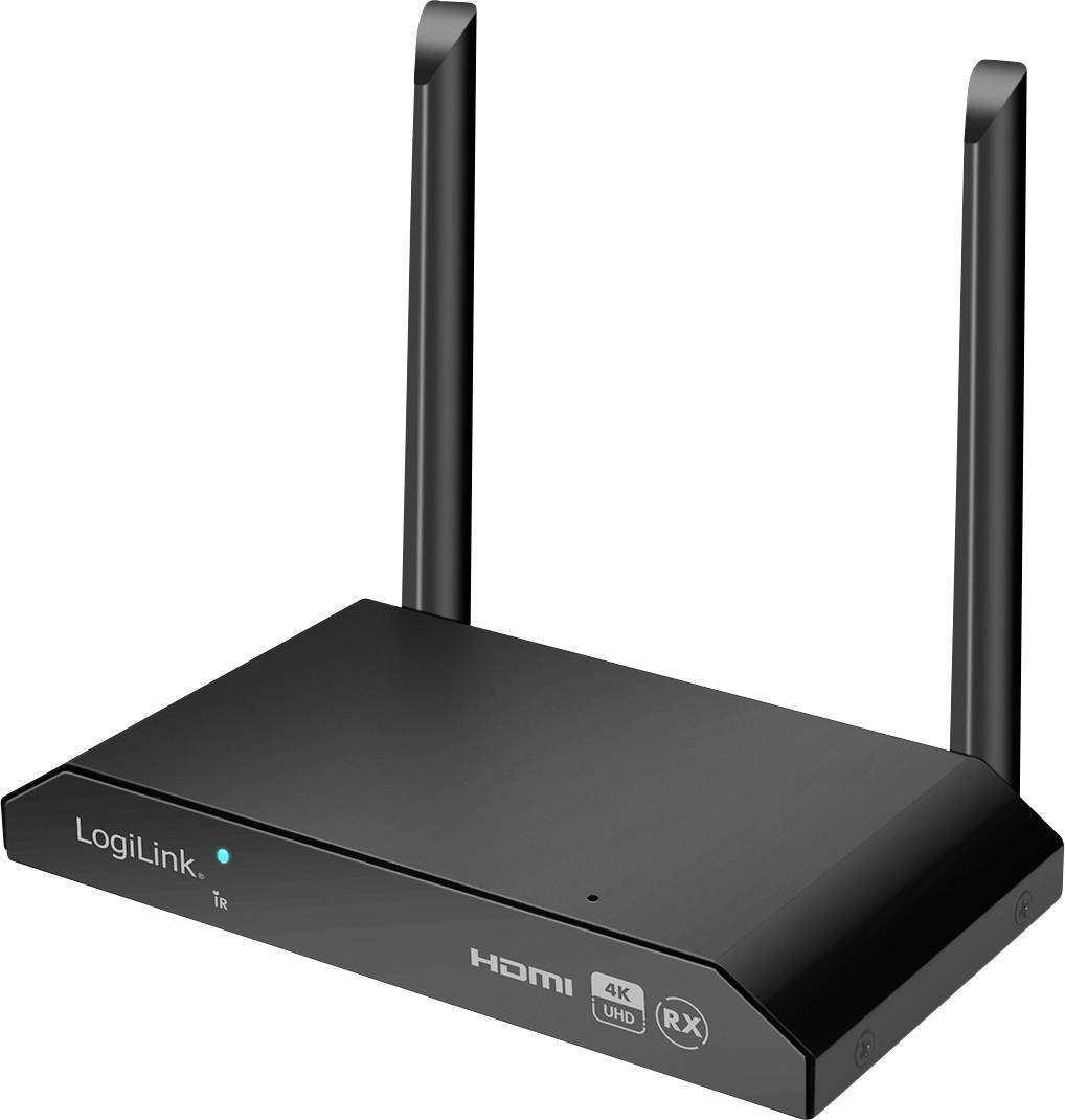 A black LogiLink HDMI device with two antennas and LEDs on the front, suitable for 4K UHD reception.