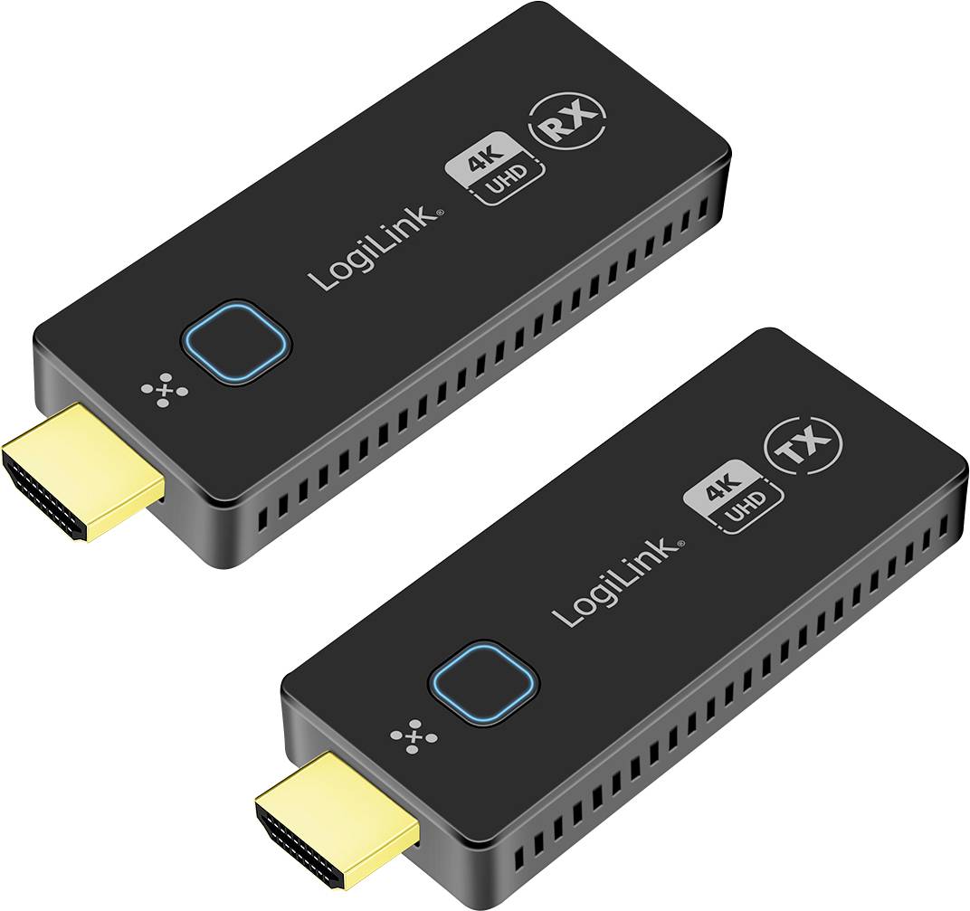 Two wireless HDMI transmitter/receiver units from LogiLink in black, labeled 'TX' and 'RX', enable the transmission of 4K UHD video.