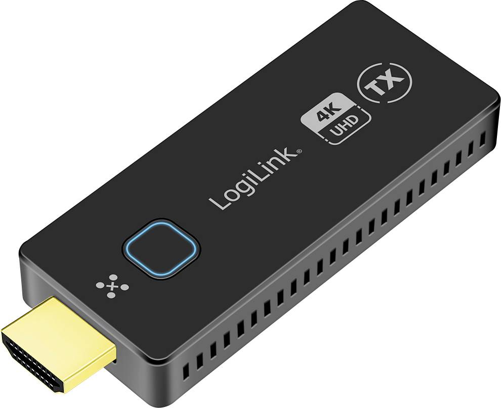 A black HDMI transmitter from LogiLink, supports 4K UHD. Main function: wireless video transmission.