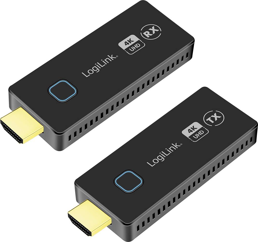 Two black HDMI dongles from LogiLink with labels '4K UHD' and 'RX' as well as 'TX', suitable for wireless video transmissions.