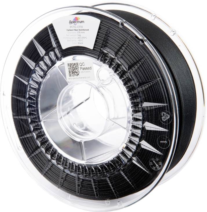 Black filament spool for 3D printing, wrapped in transparent plastic packaging, label with specifications visible.