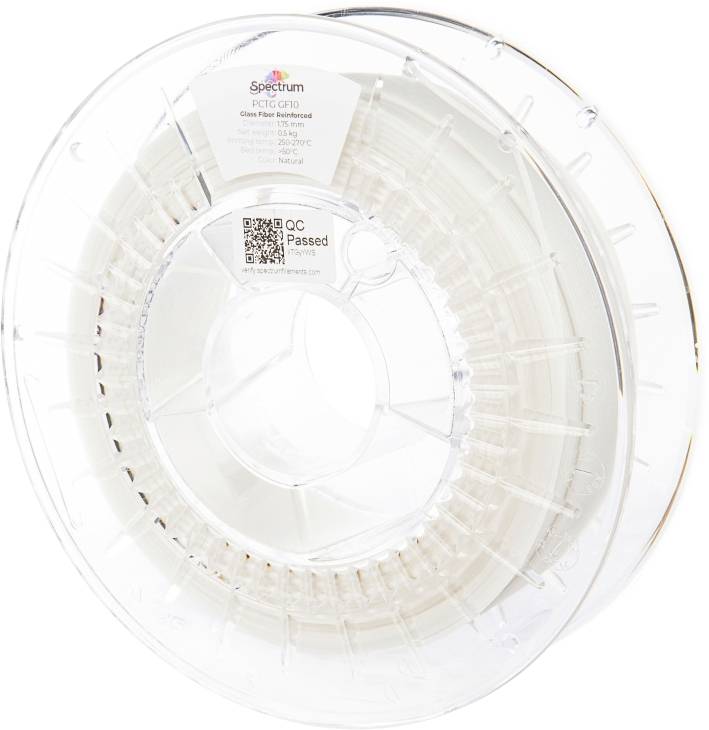 Filament spool from Spectrum, natural color, PET-G material with glass fiber reinforcement. Label shows QR code and 'QC Passed' stamp.