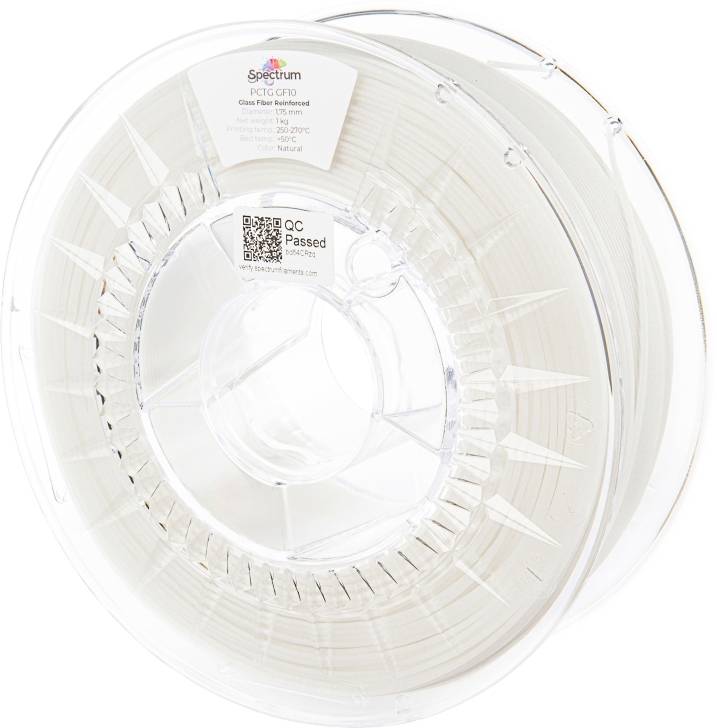 A spool of white 3D printer filament, brand 'Spectrum', model 'PETG CF10', on a transparent plastic carrier.