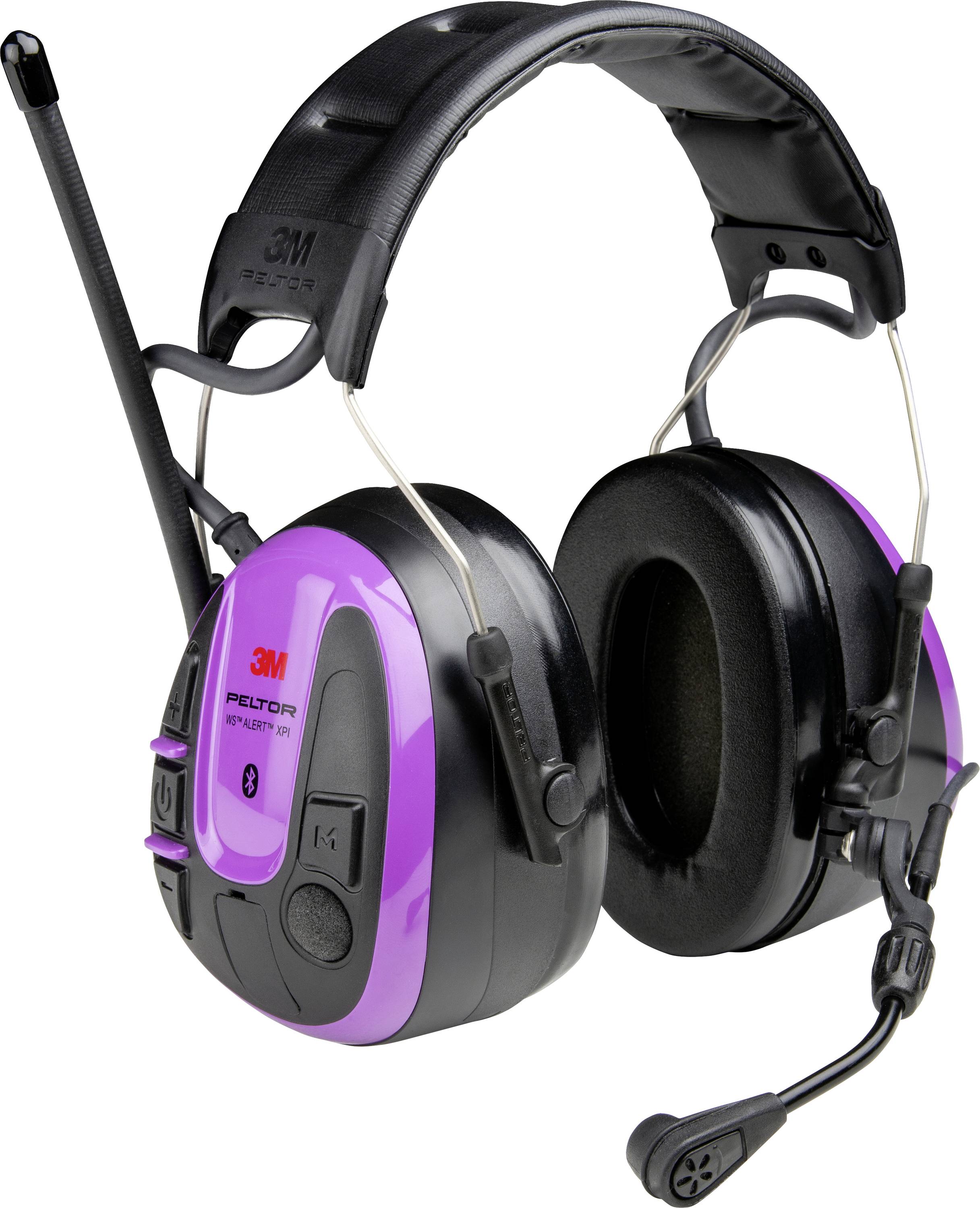 A purple protective headset with an integrated microphone and radio antenna, suitable for noisy environments, enhances communication and safety.