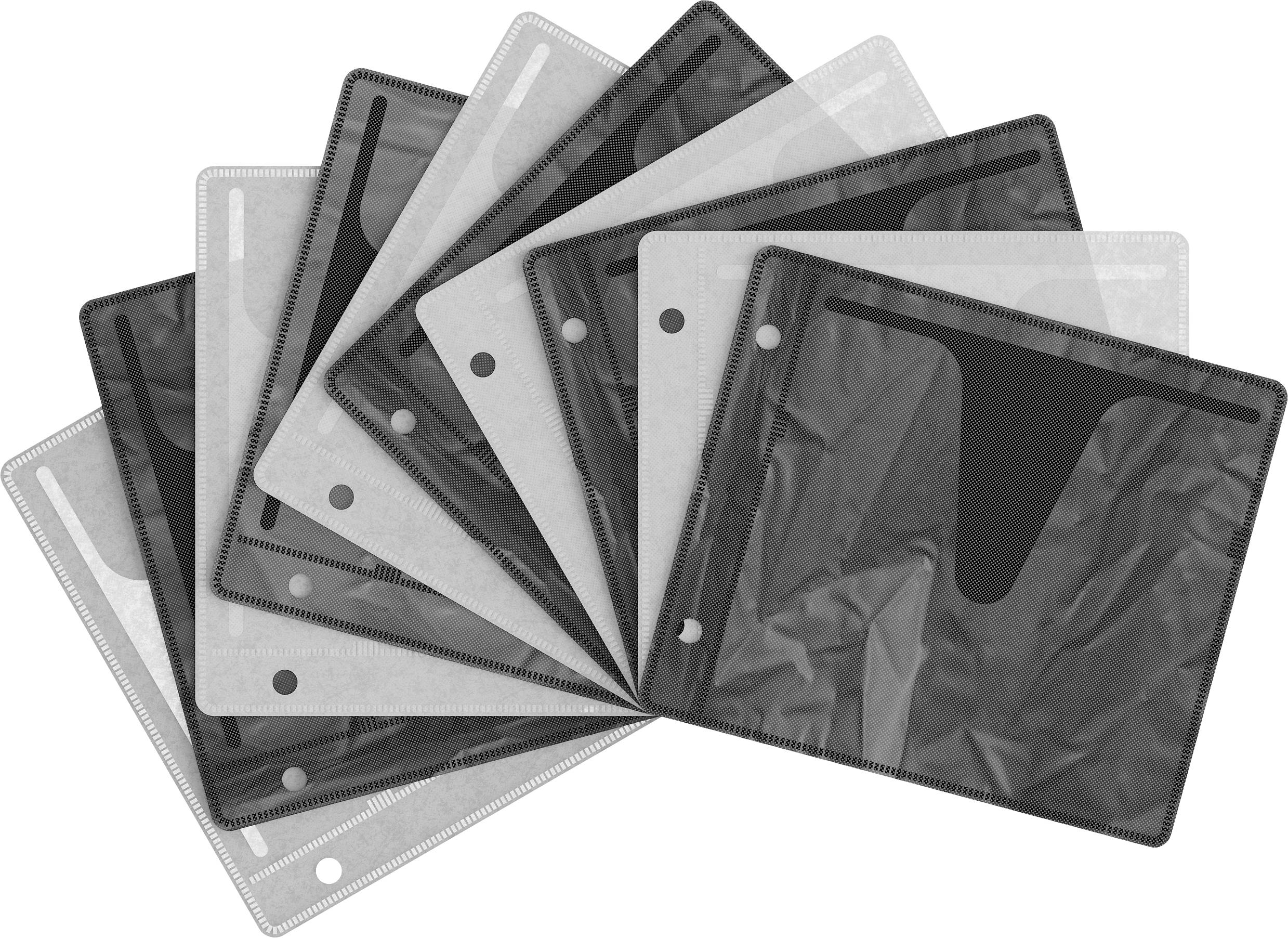 A stack of clear plastic sheet protectors, fanned out, showing their translucent pockets and reinforced edges, designed to hold documents.