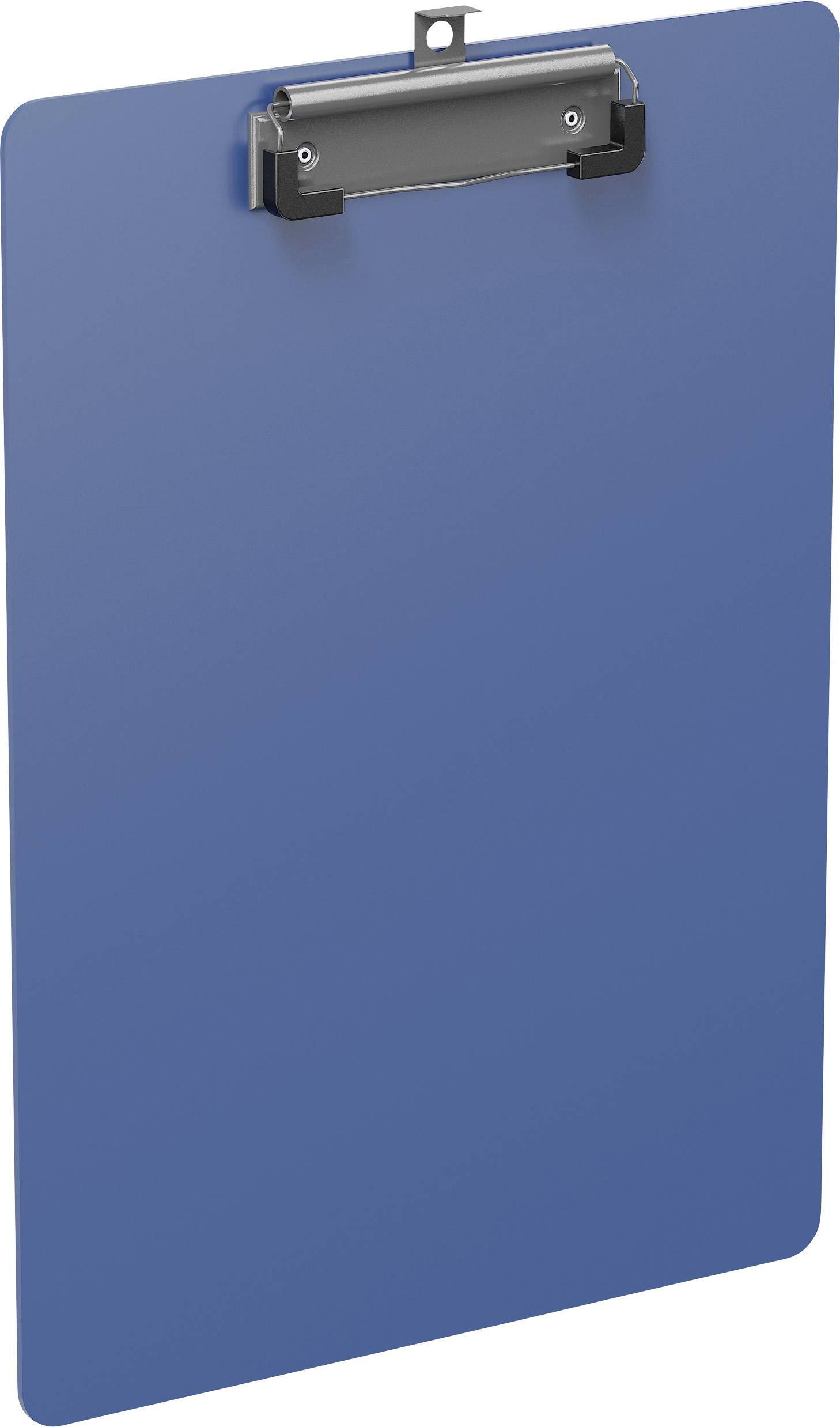 A blue clipboard with a metal clip at the top for holding papers.