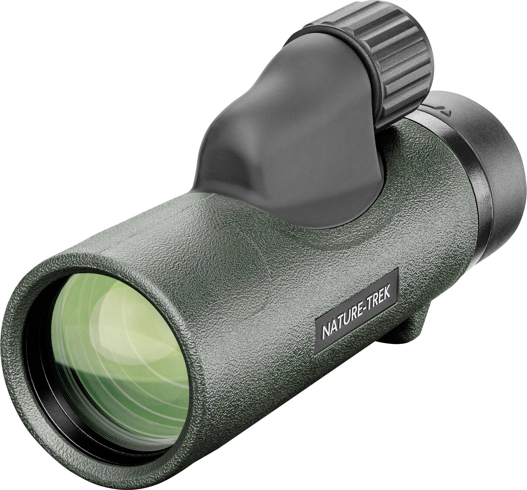 A green monocular with 'NATURE-TREK' printed on it. It has a large lens and a black focusing ring at the top.