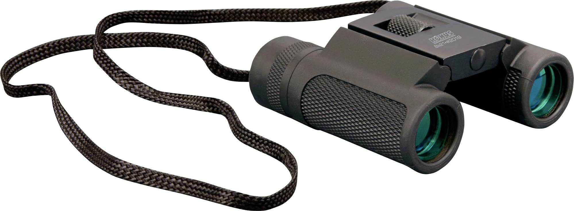 A black pair of binoculars with a carrying strap lies on a white surface. The lenses are glowing with a greenish hue.