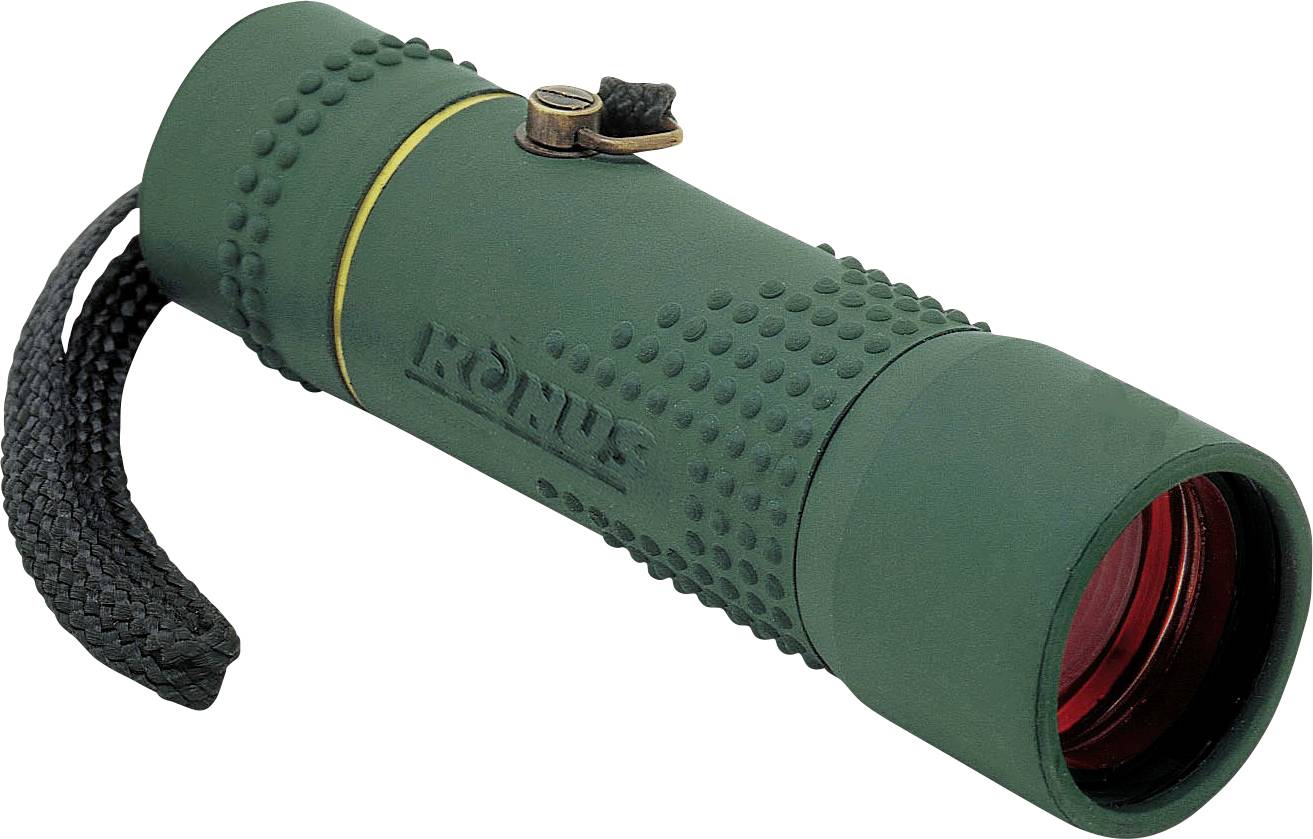 A green pair of binoculars with a textured grip and carrying strap. Ideal for outdoor activities.