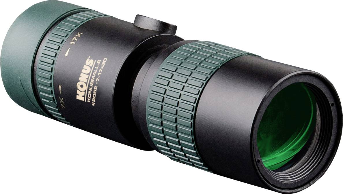 A black and green monocular with the inscription '11x Konus' on the side, suitable for observing distant objects.