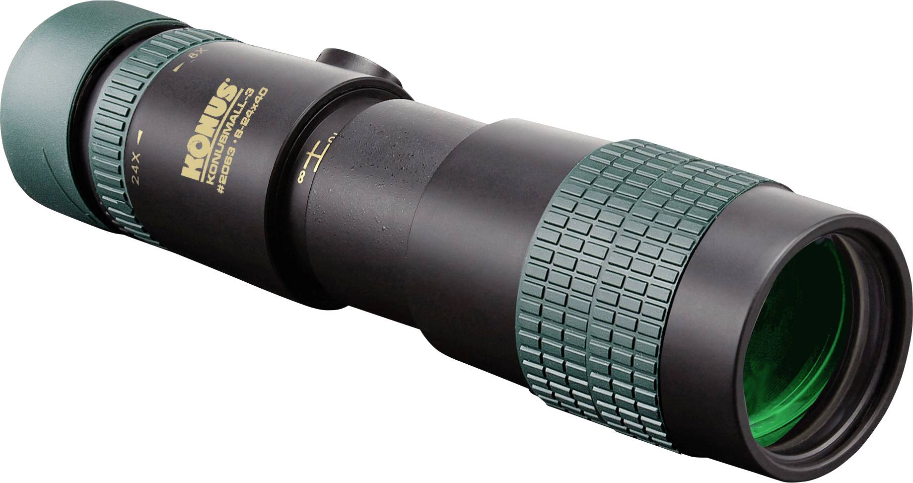 A single black and green monocular with labelling on the casing, suitable for long-distance observations.