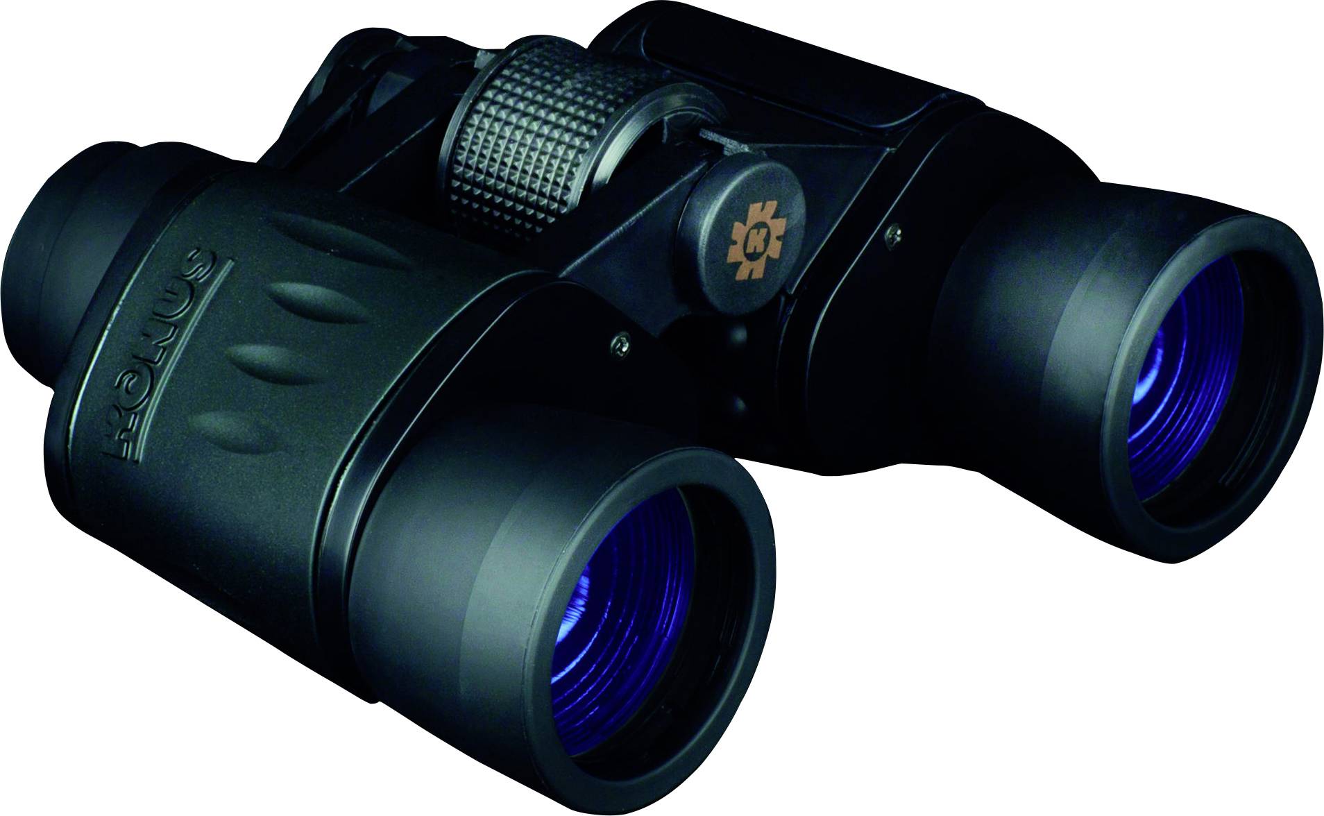 Black binoculars with blue lenses, compact and robustly designed, are ideal for outdoor activities and nature observation.