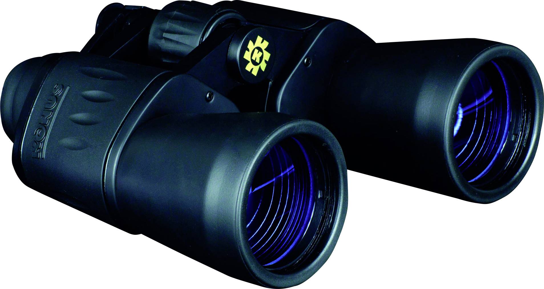 A black pair of binoculars with blue lenses on a white background.