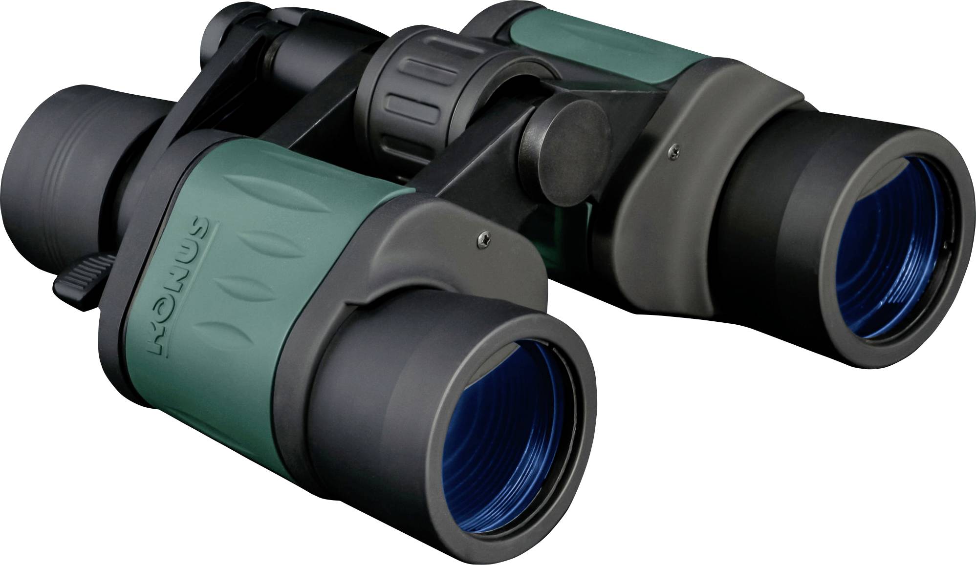 Green binoculars, partially black, with blue lenses. They are resting on a white surface, slightly tilted to the right.
