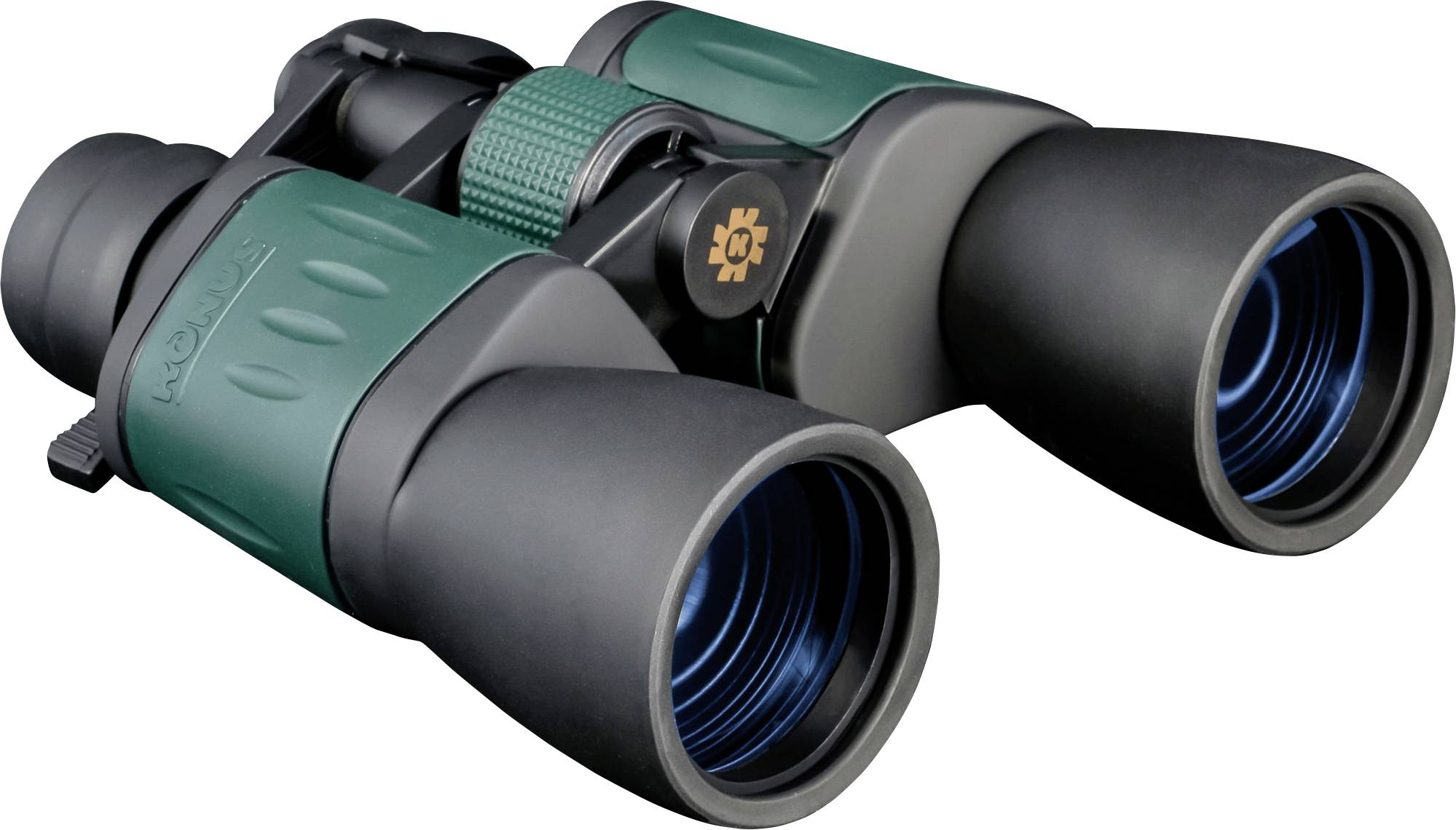 Green binoculars with a black casing and blue lenses, resting on a flat surface.