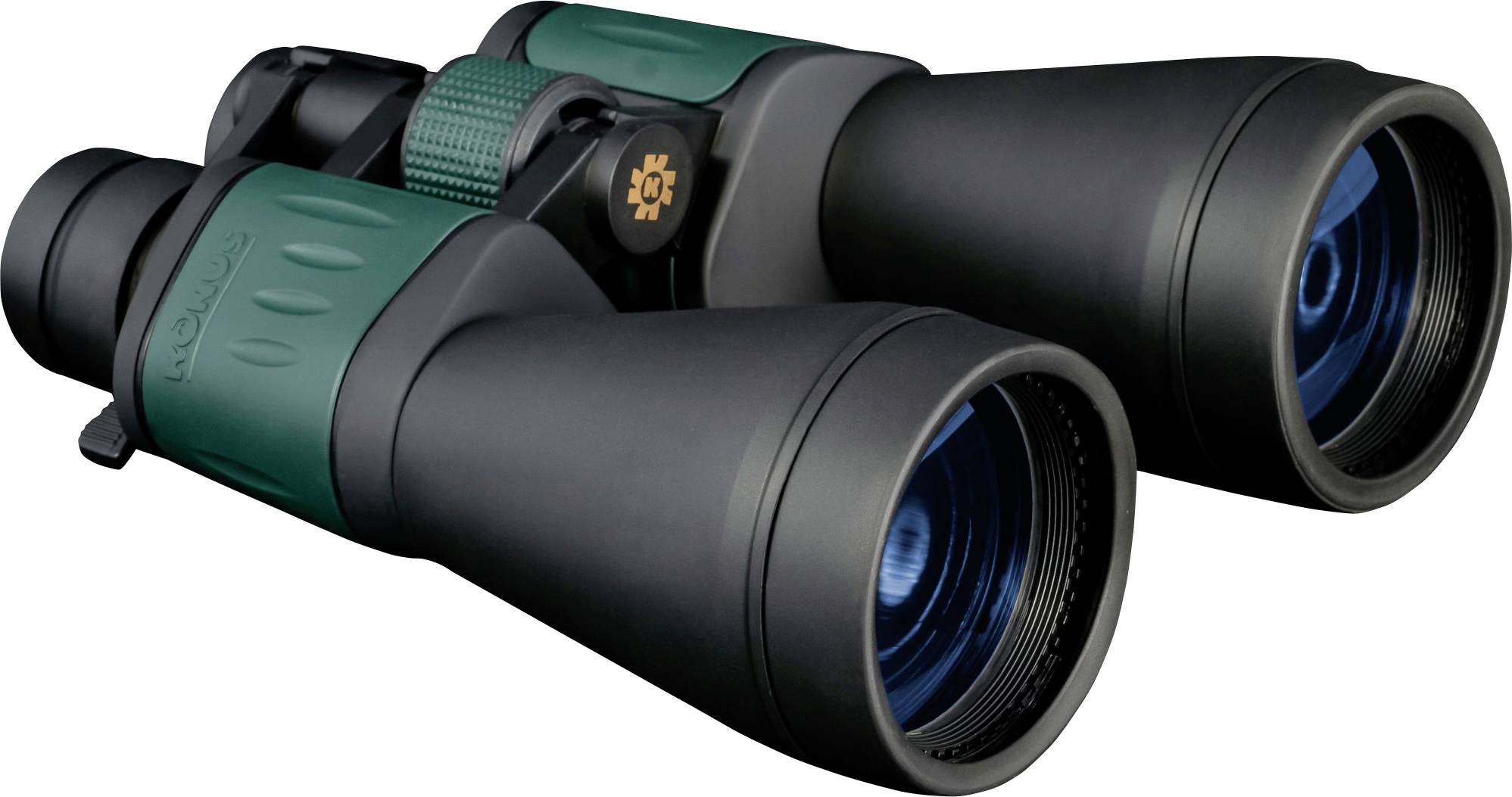 A green and black pair of binoculars with a rubberised surface, designed for distant viewing or use at events.