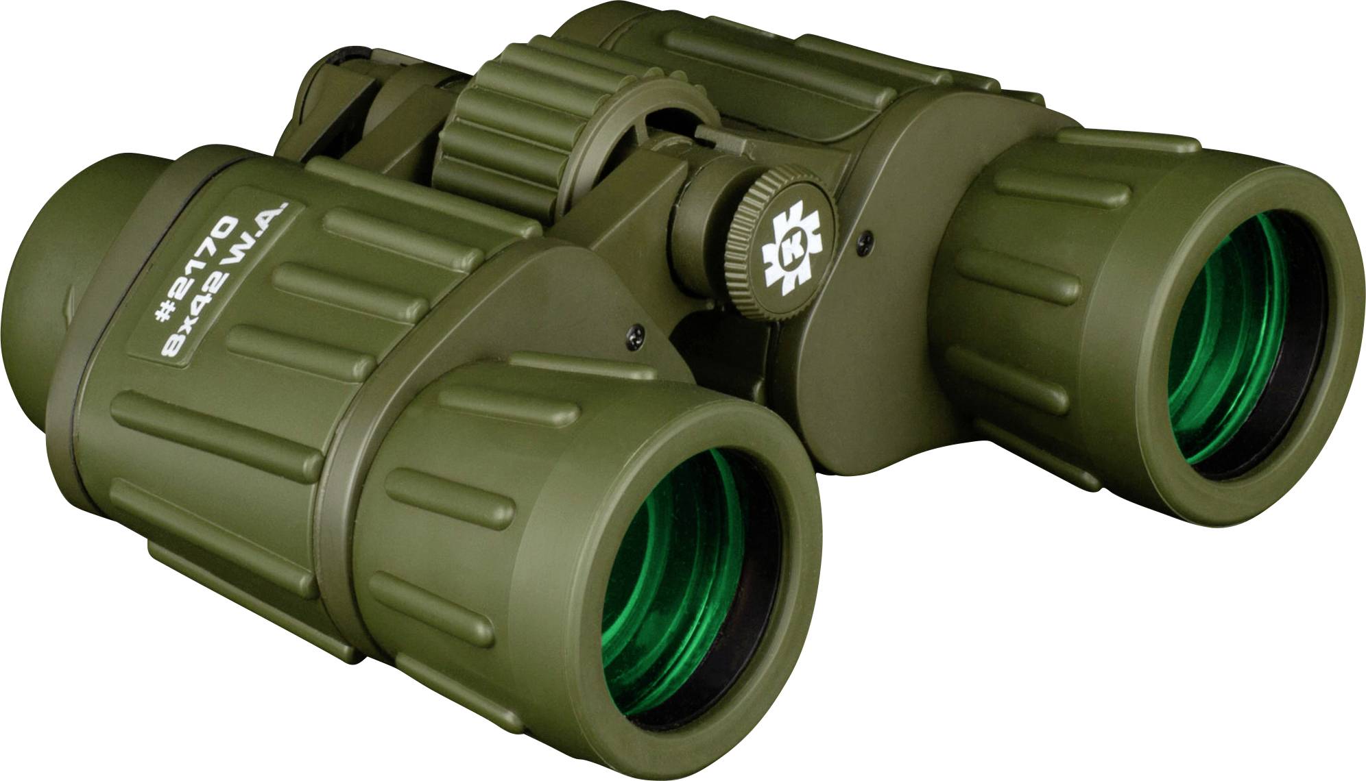 Green binoculars with 8x42 magnification, side view, on a white background.