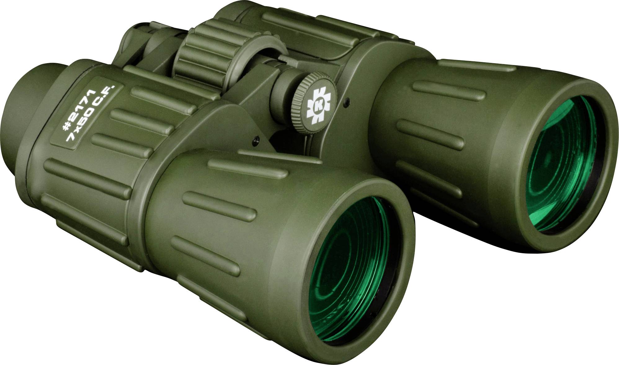 Olive green binoculars with adjustable focus. Model number on the side. Suitable for outdoor activities such as hiking or birdwatching.