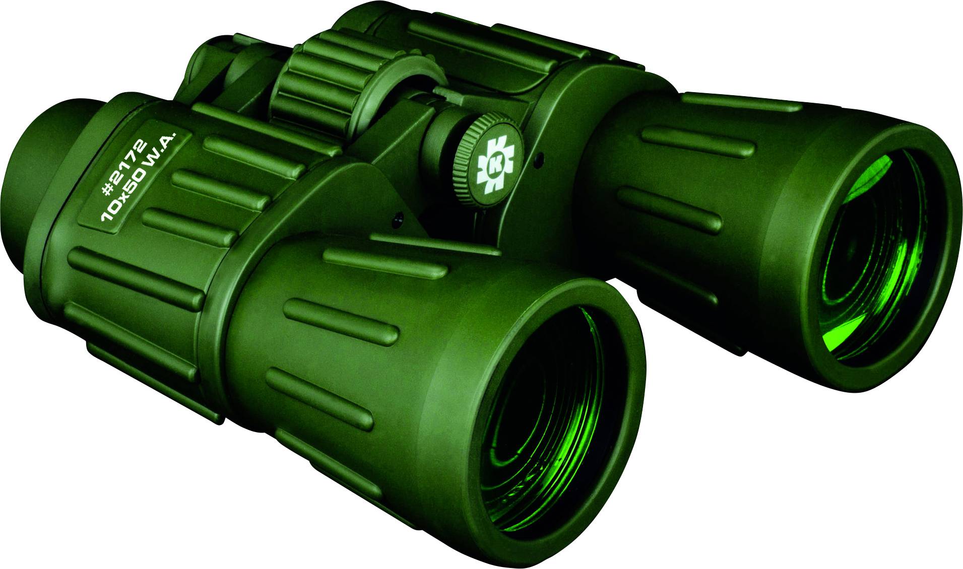 Green binoculars with two large eyepieces and a textured casing, suitable for outdoor activities or bird watching.