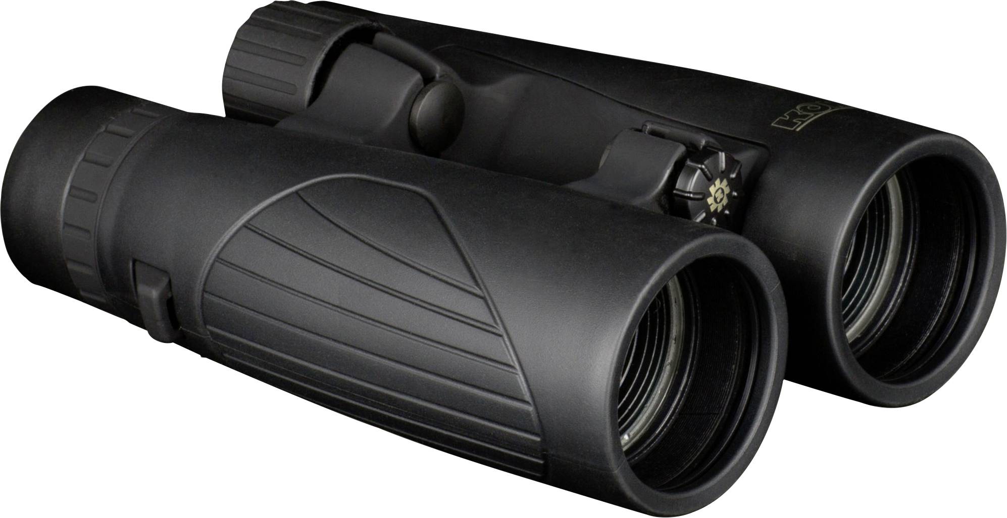 A black pair of binoculars with textured grip surfaces, viewed from the side.