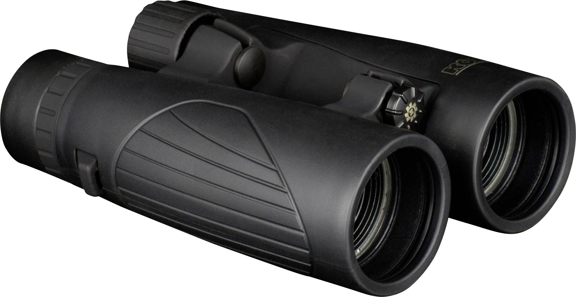 A black pair of binoculars with textured grips and adjustable focus.