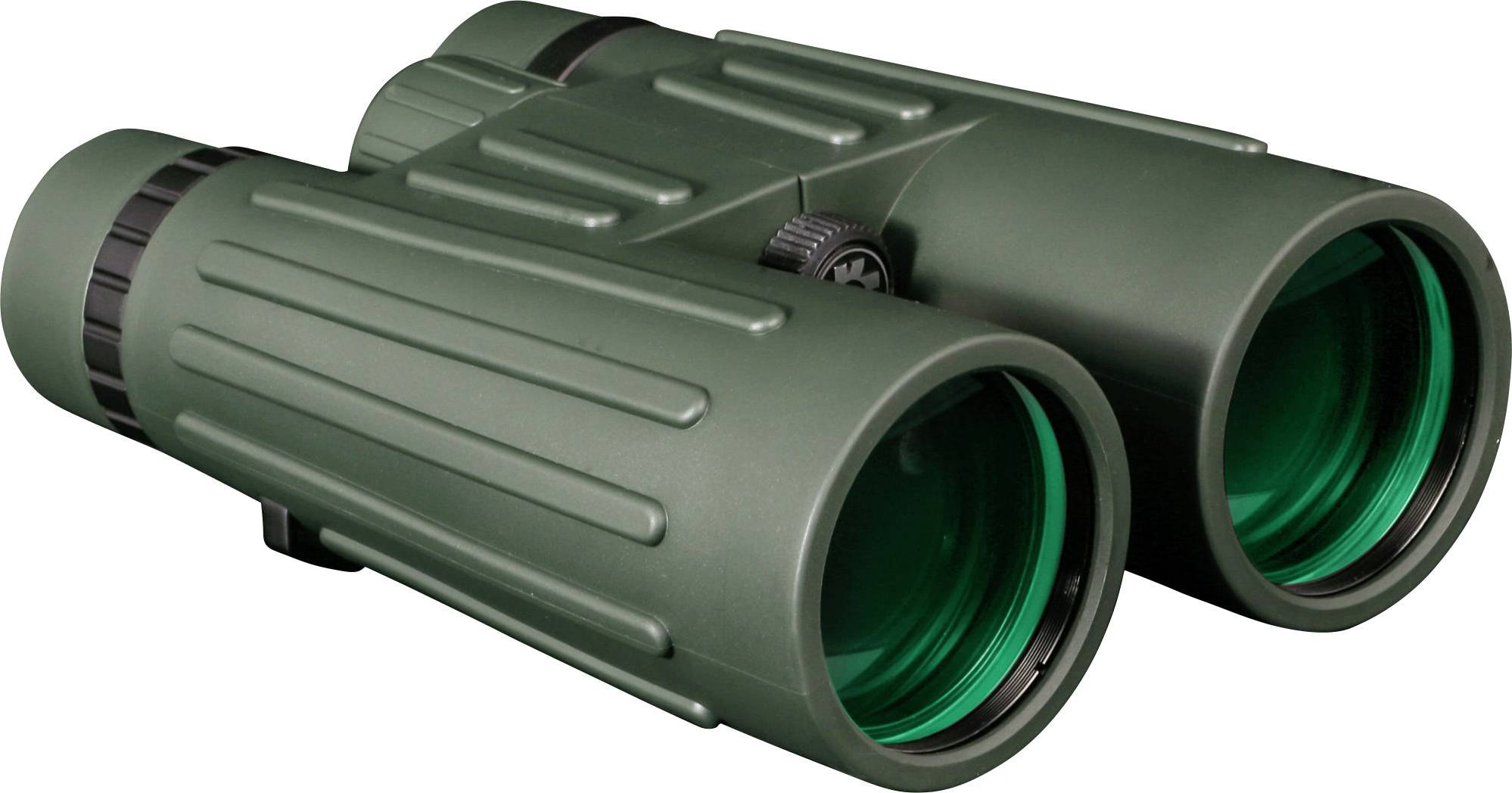 Green binoculars with two large lenses, suitable for outdoor activities such as bird watching or sporting events.